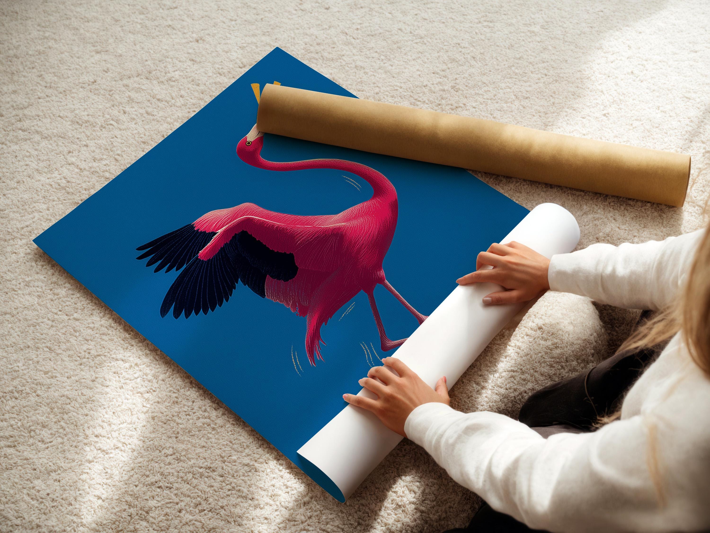 Stylised hot pink flamingo in profile on a vivid blue background with gold spark accents detail view