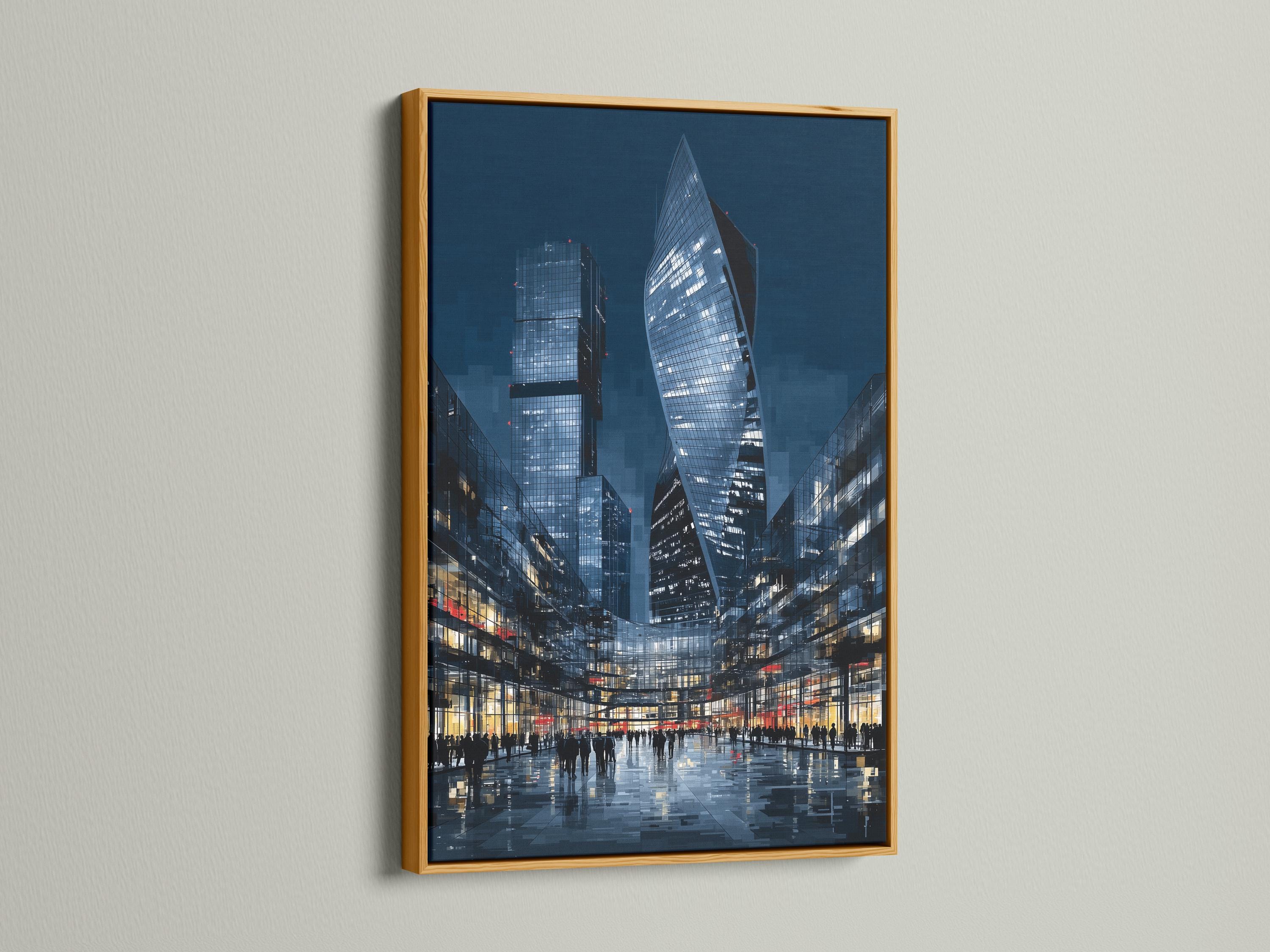 Night cityscape with tall glass skyscrapers, glowing windows and reflective wet street detail view