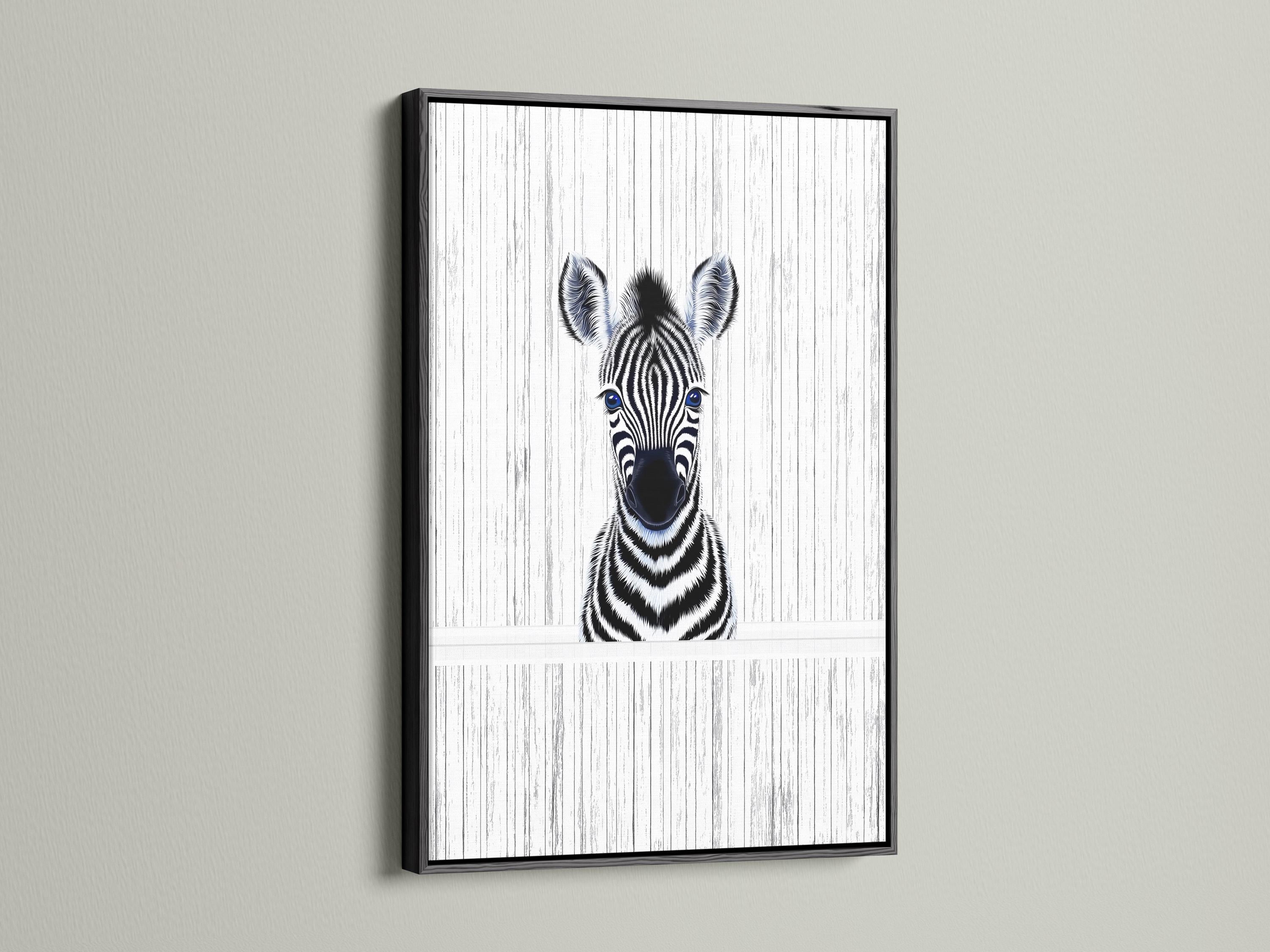 Room mockup showing framed zebra portrait wall art with black and white stripes and blue eyes