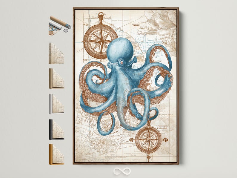 Blue octopus with curled tentacles over an antique map with compass rose motifs
