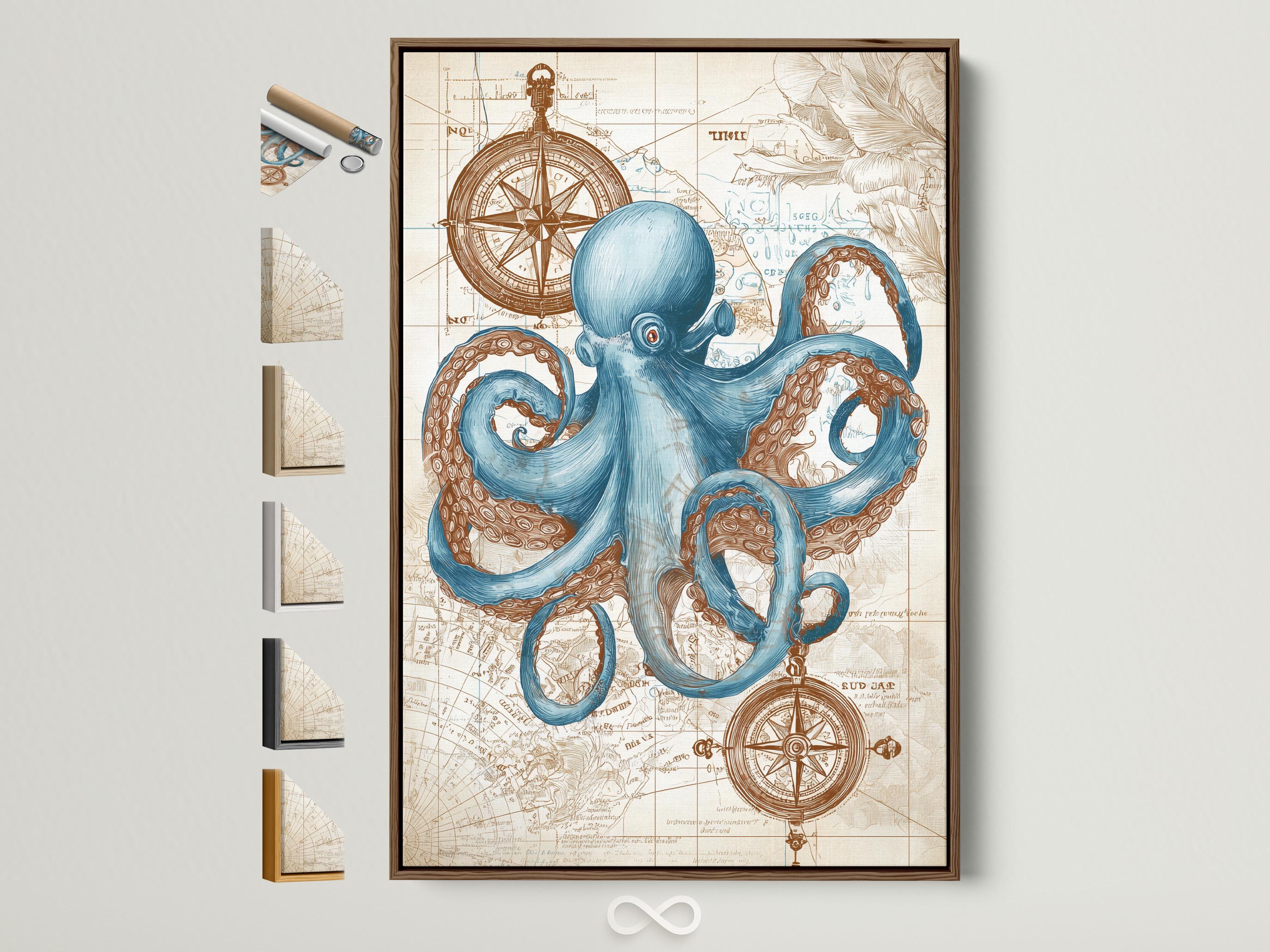 Blue octopus with curled tentacles over an antique map with compass rose motifs