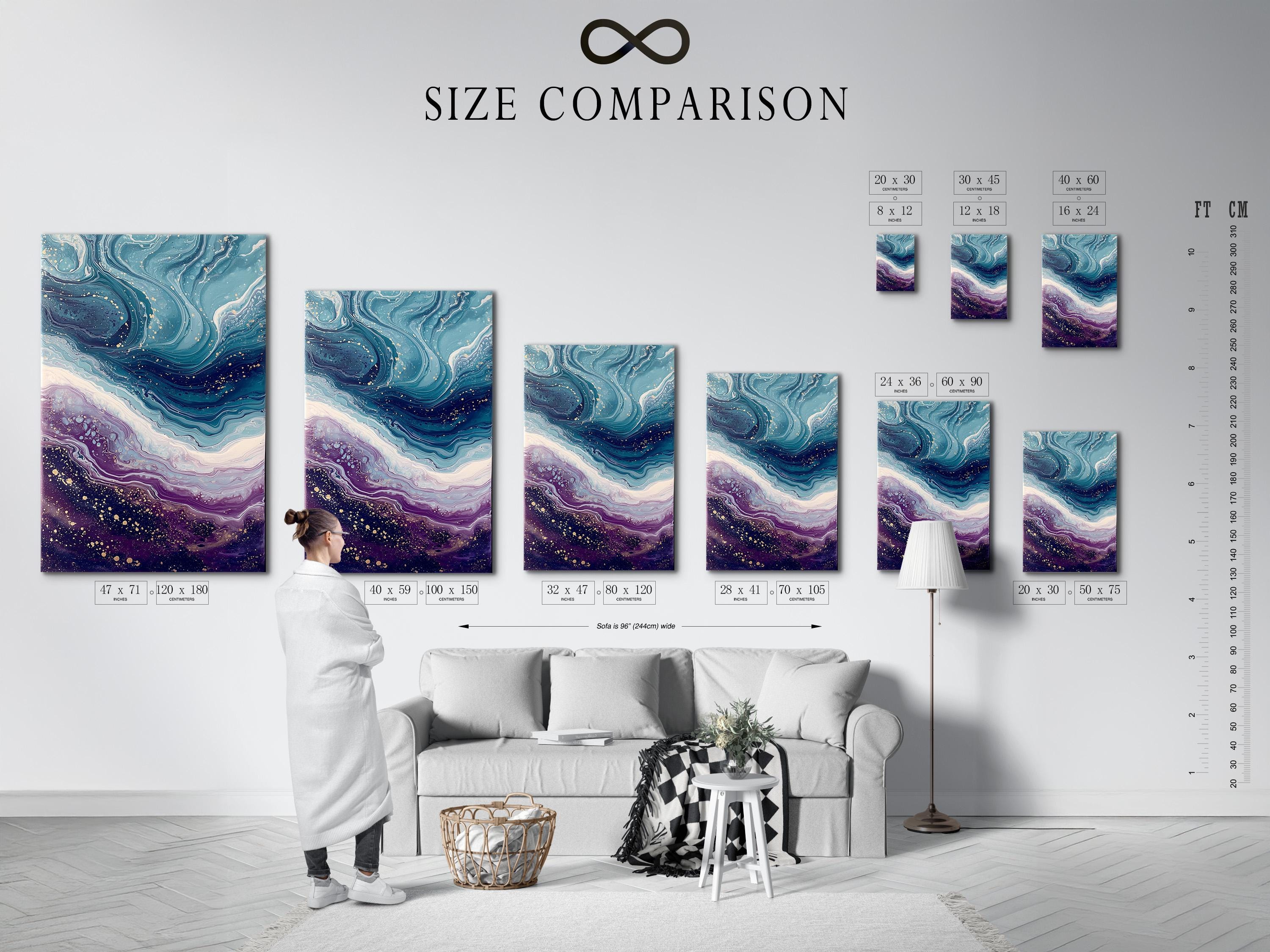 Fluid abstract wave artwork with teal, purple and gold swirls and speckles detail view