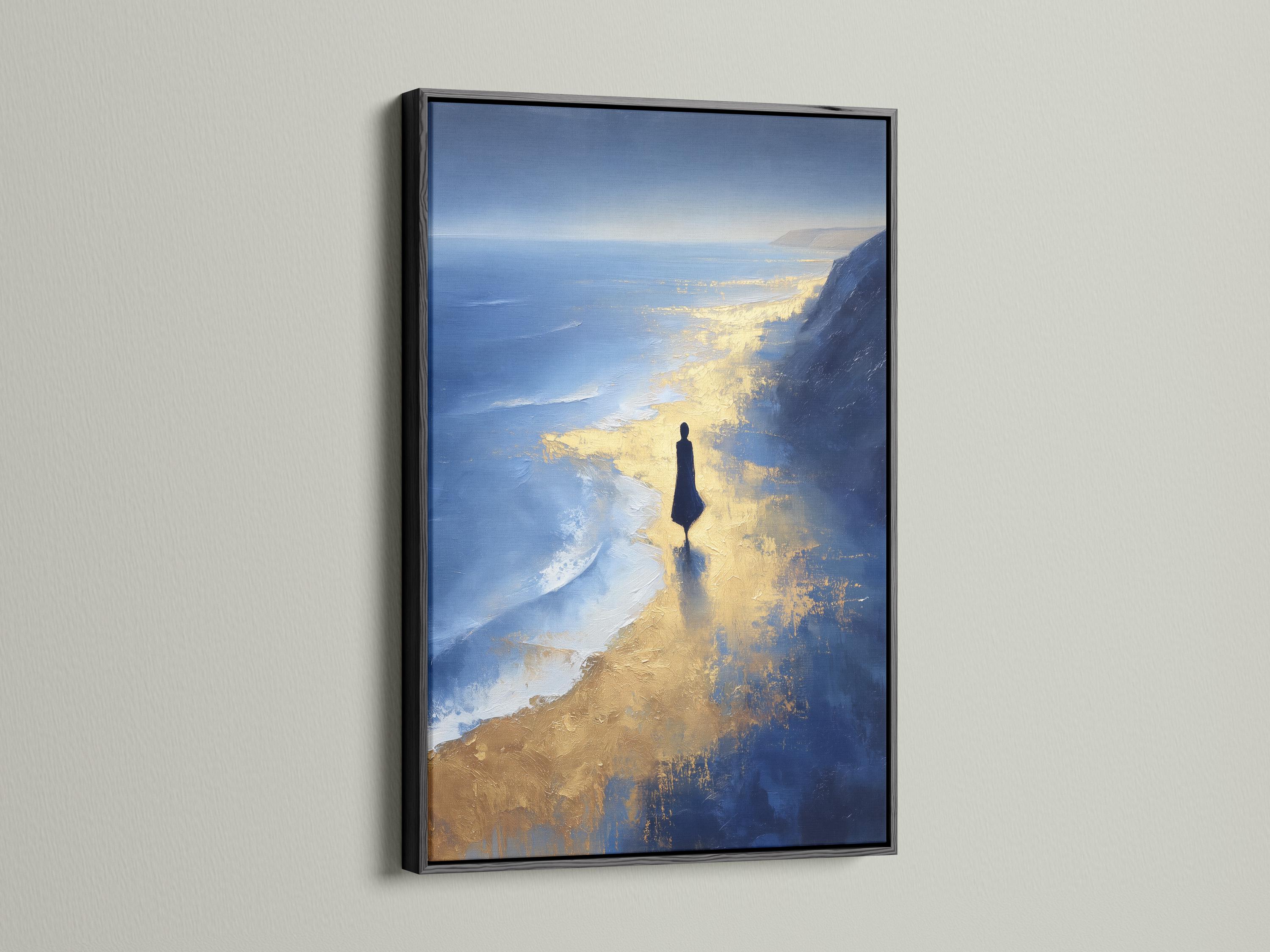 Painterly navy blue seascape with gold reflections and a dark human silhouette near the shoreline detail view