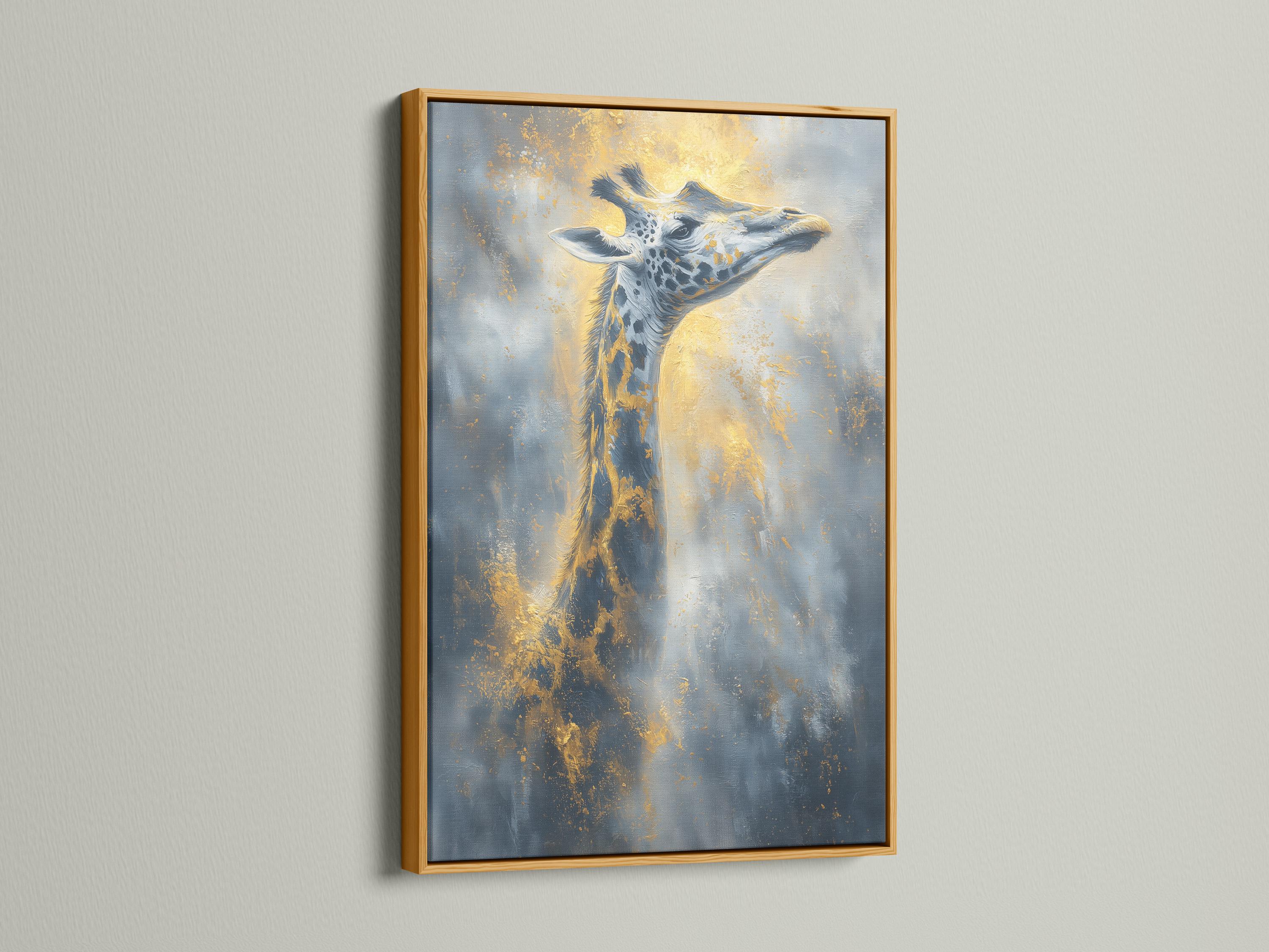 Stylised giraffe portrait in blue and grey with warm gold highlights and speckled texture detail view