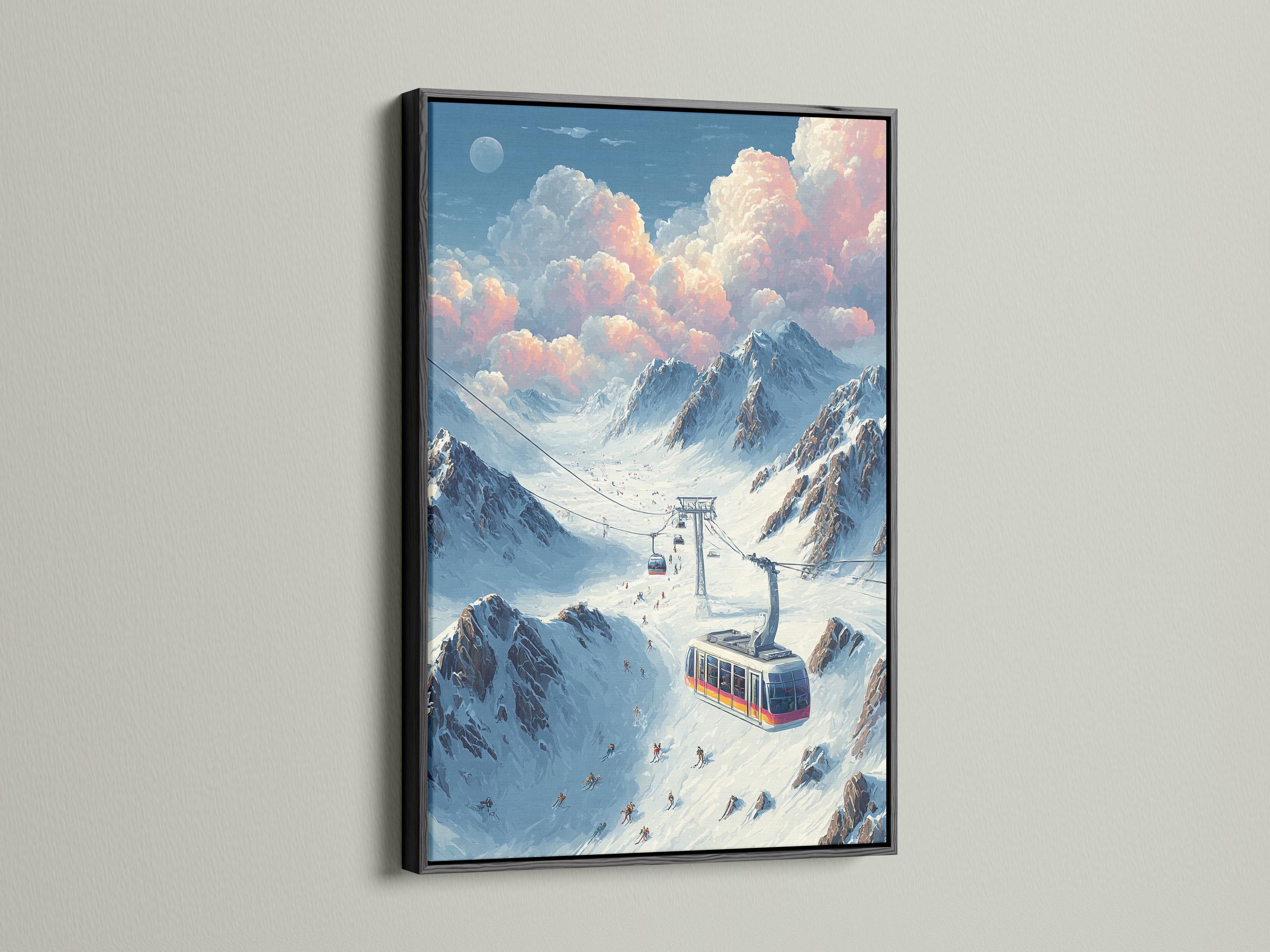 Snowy alpine ski scene with a cable car gondola and skiers on mountain slopes detail view