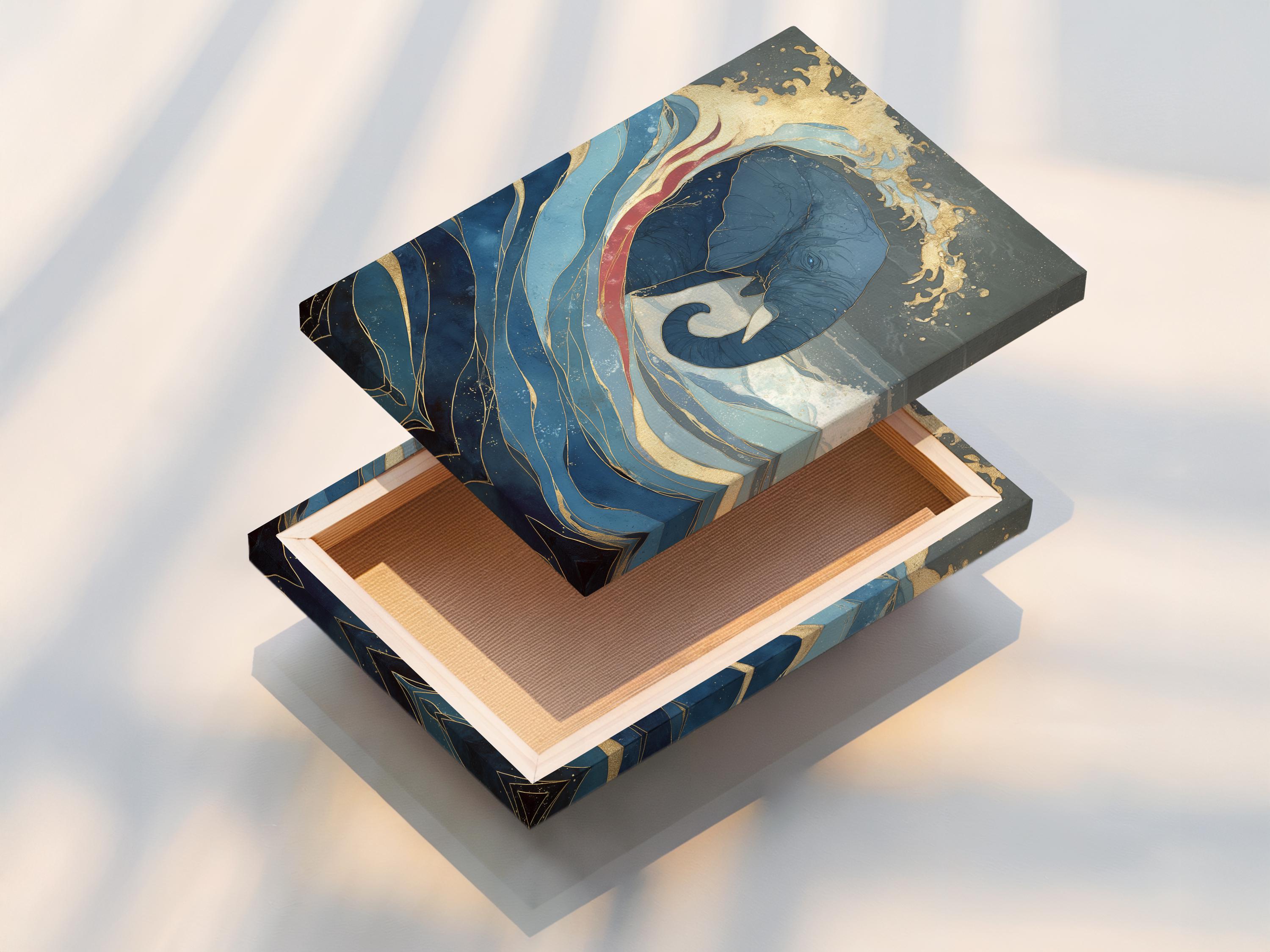 Blue and gold elephant emerging from ocean waves artwork detail view