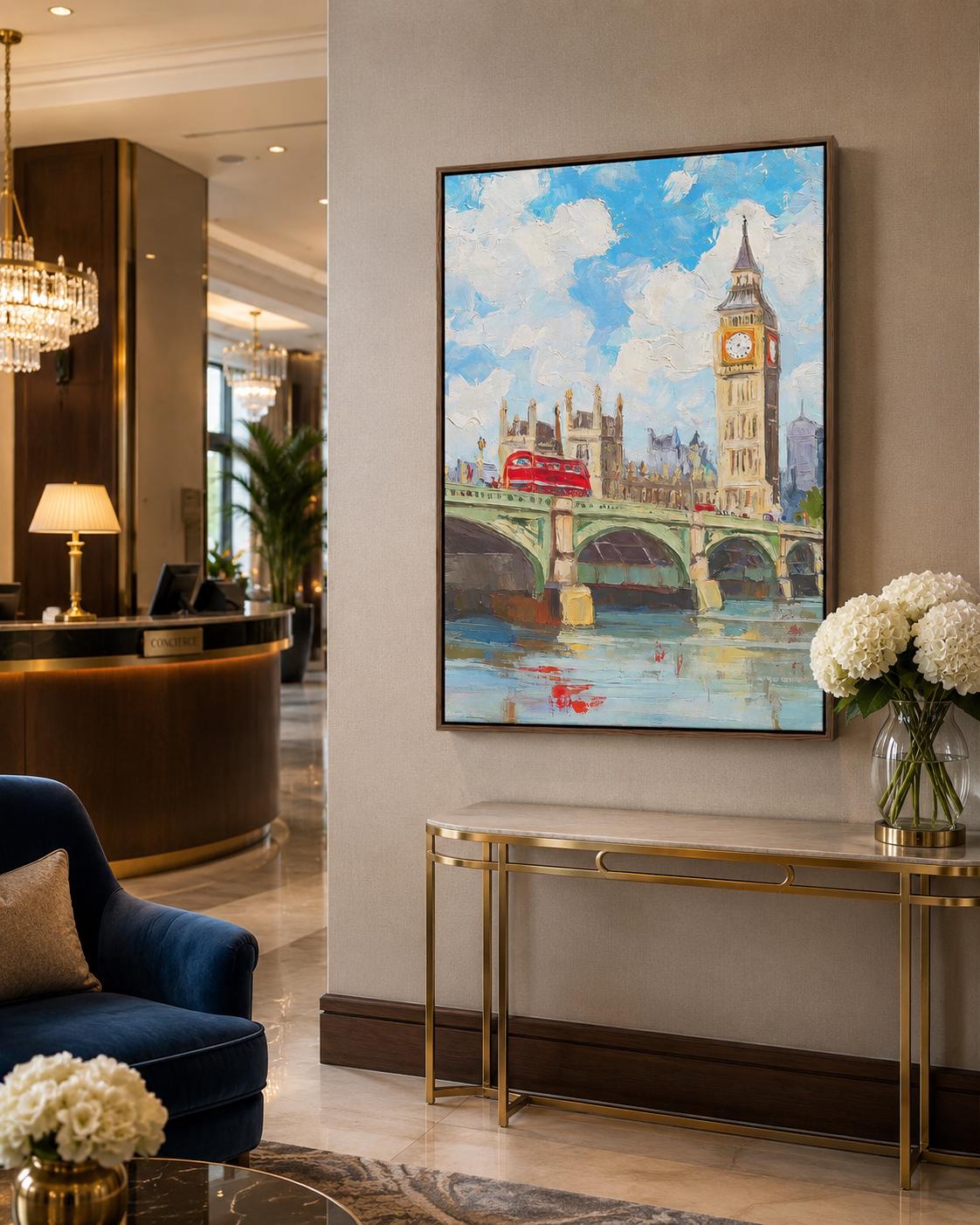 Room mockup with a framed blue cityscape artwork above a wooden sideboard and dining table