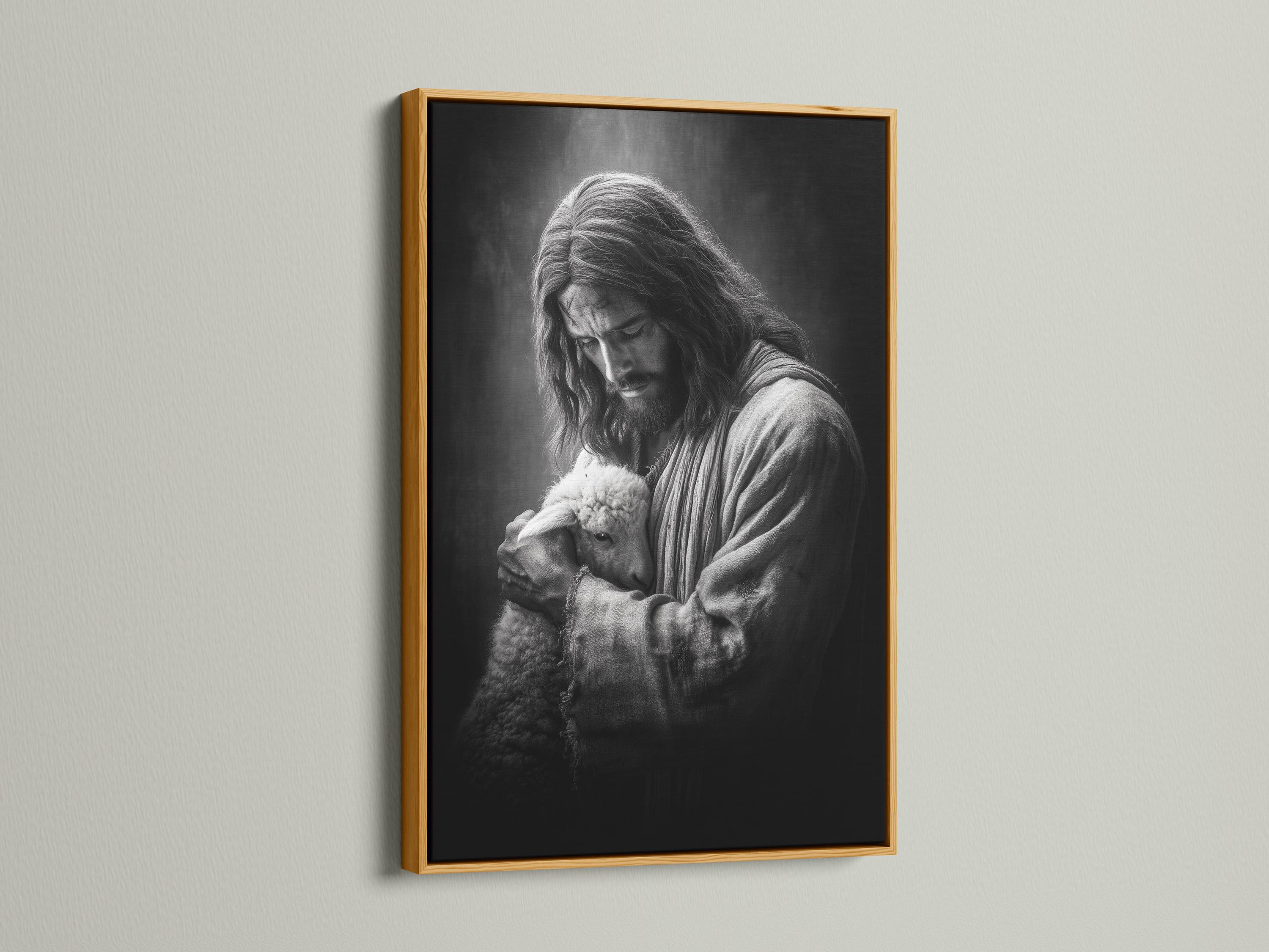 Framed black and white artwork of a shepherd holding a lamb shown on a wall mockup