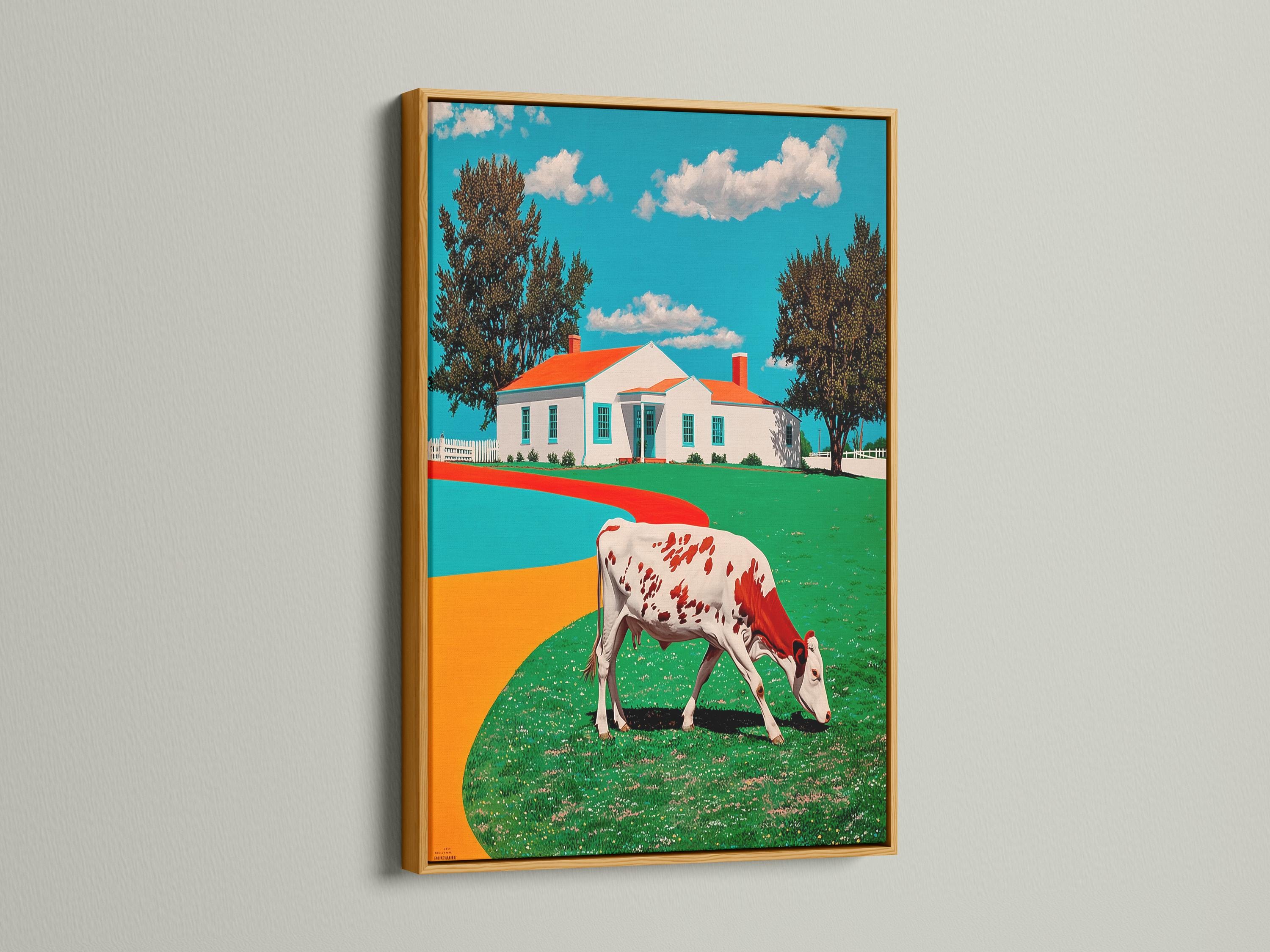 Red and white cow standing in front of a colourful farmhouse countryside illustration detail view