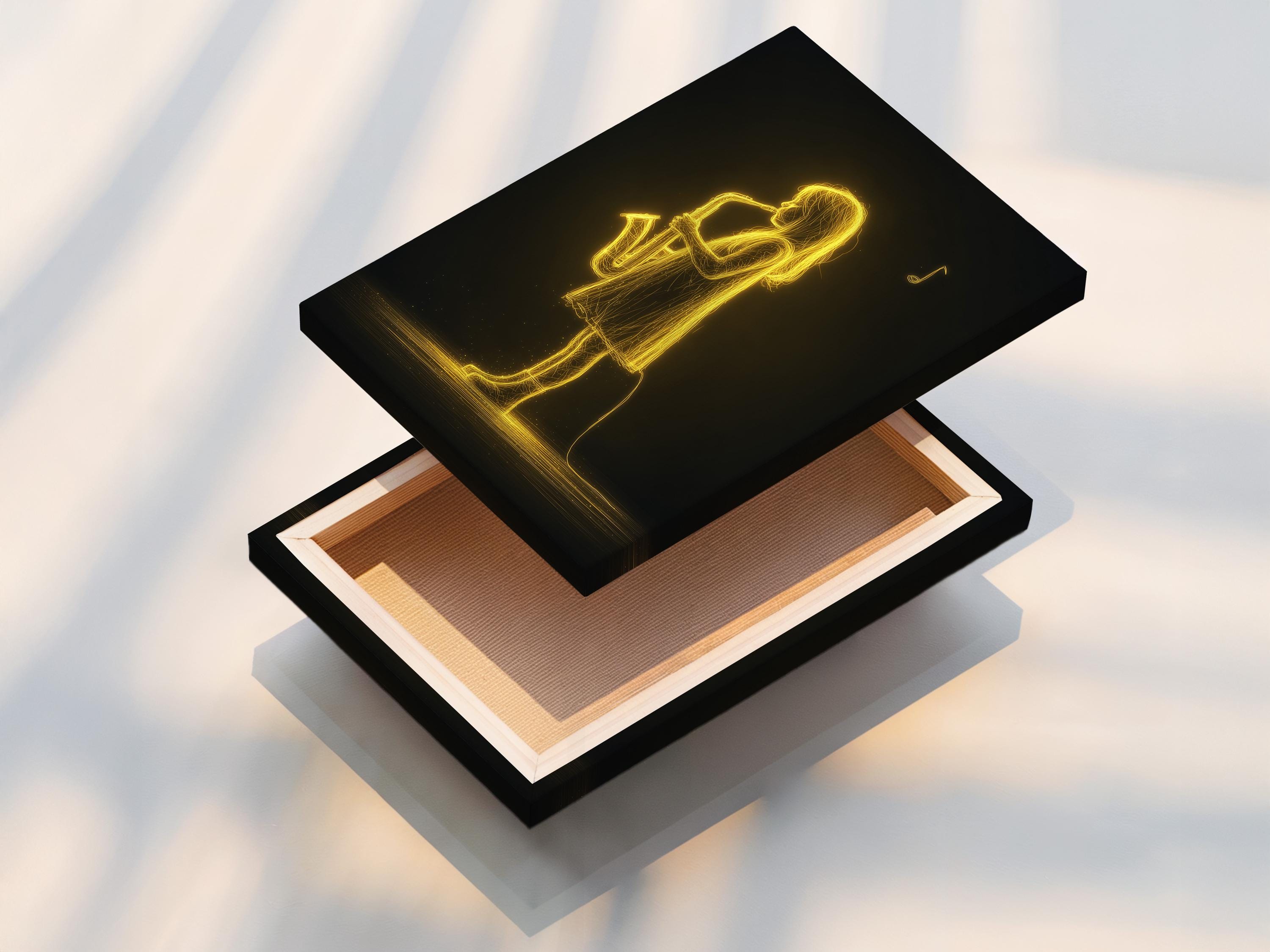Neon gold line drawing of a saxophone player musician against a dark background with a floating music note detail view