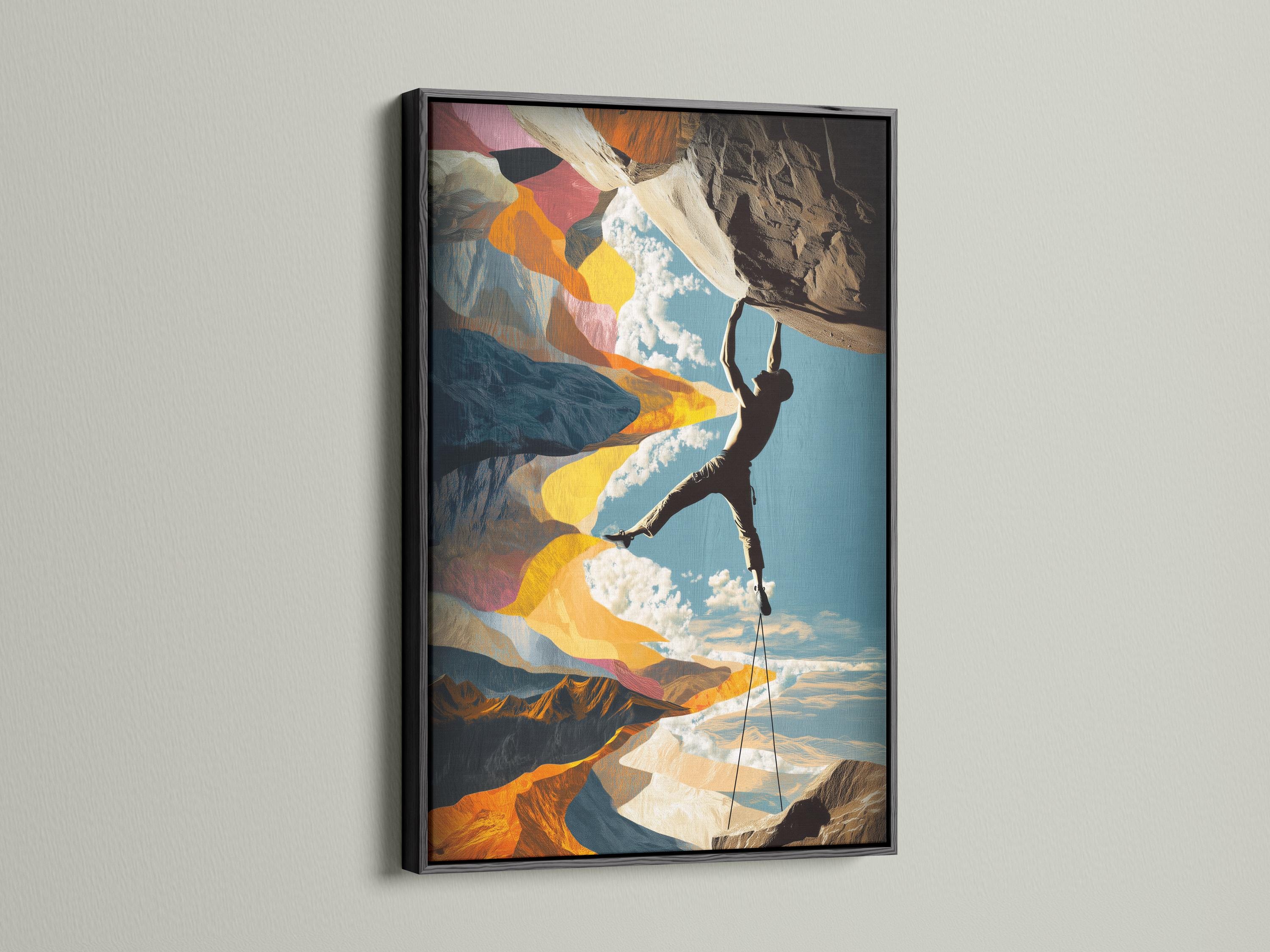 Man sitting near a bench and climbing gear beside a framed climbing artwork on a concrete wall