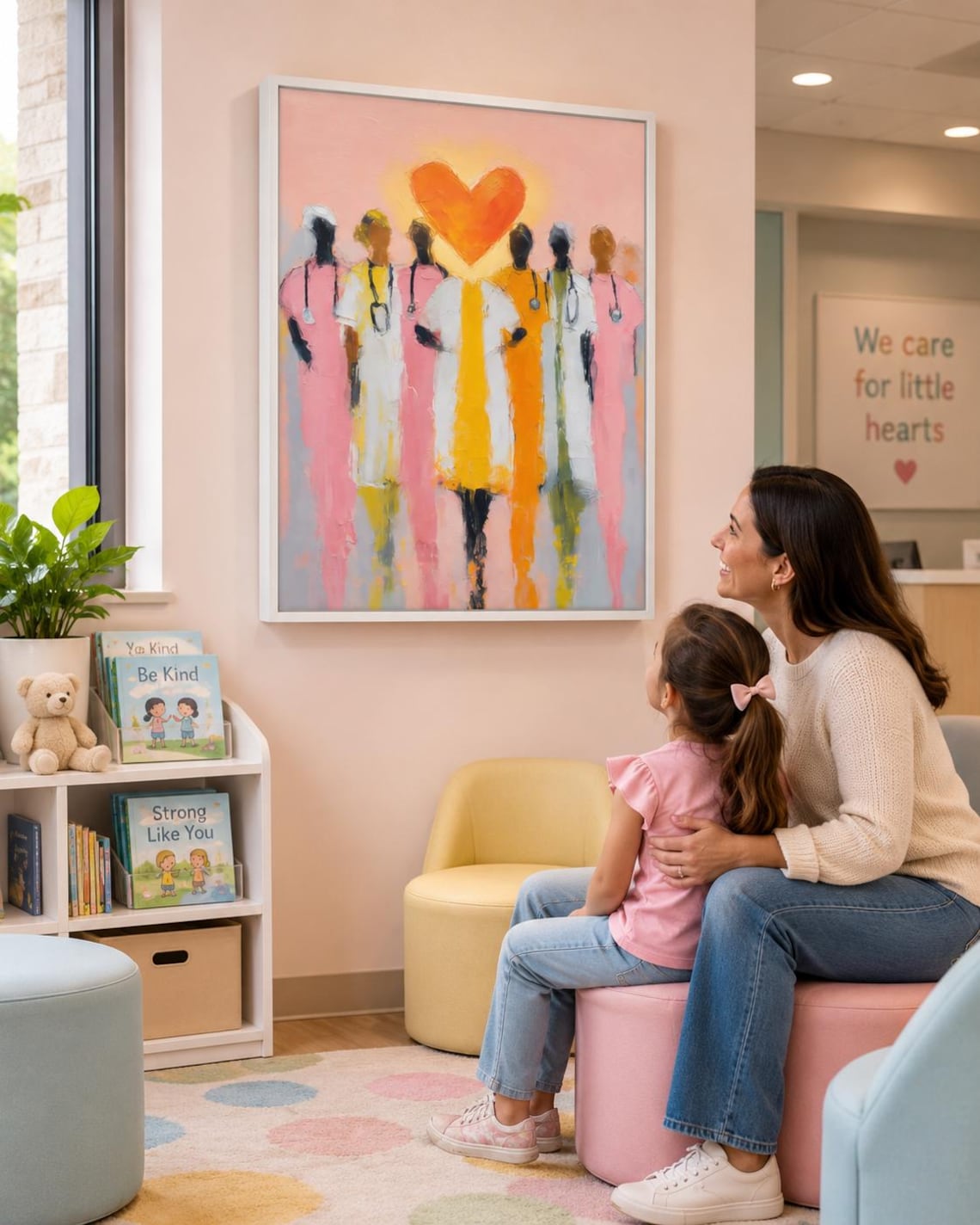 Orange heart above stylised healthcare worker figures on a pink painterly background detail view