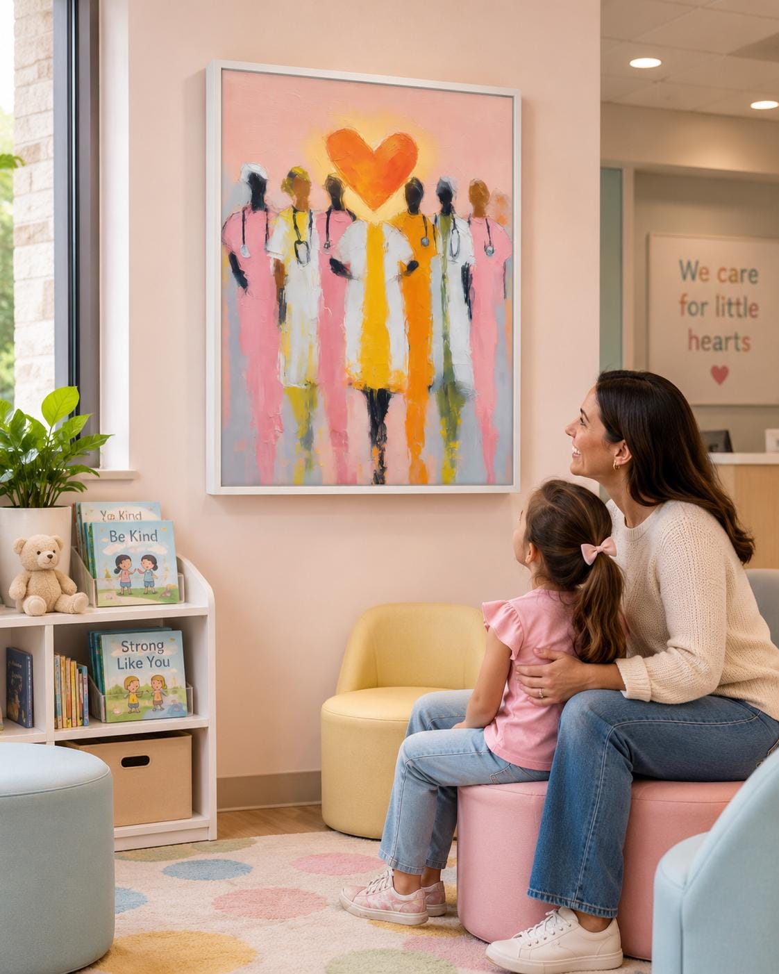 Orange heart above stylised healthcare worker figures on a pink painterly background detail view