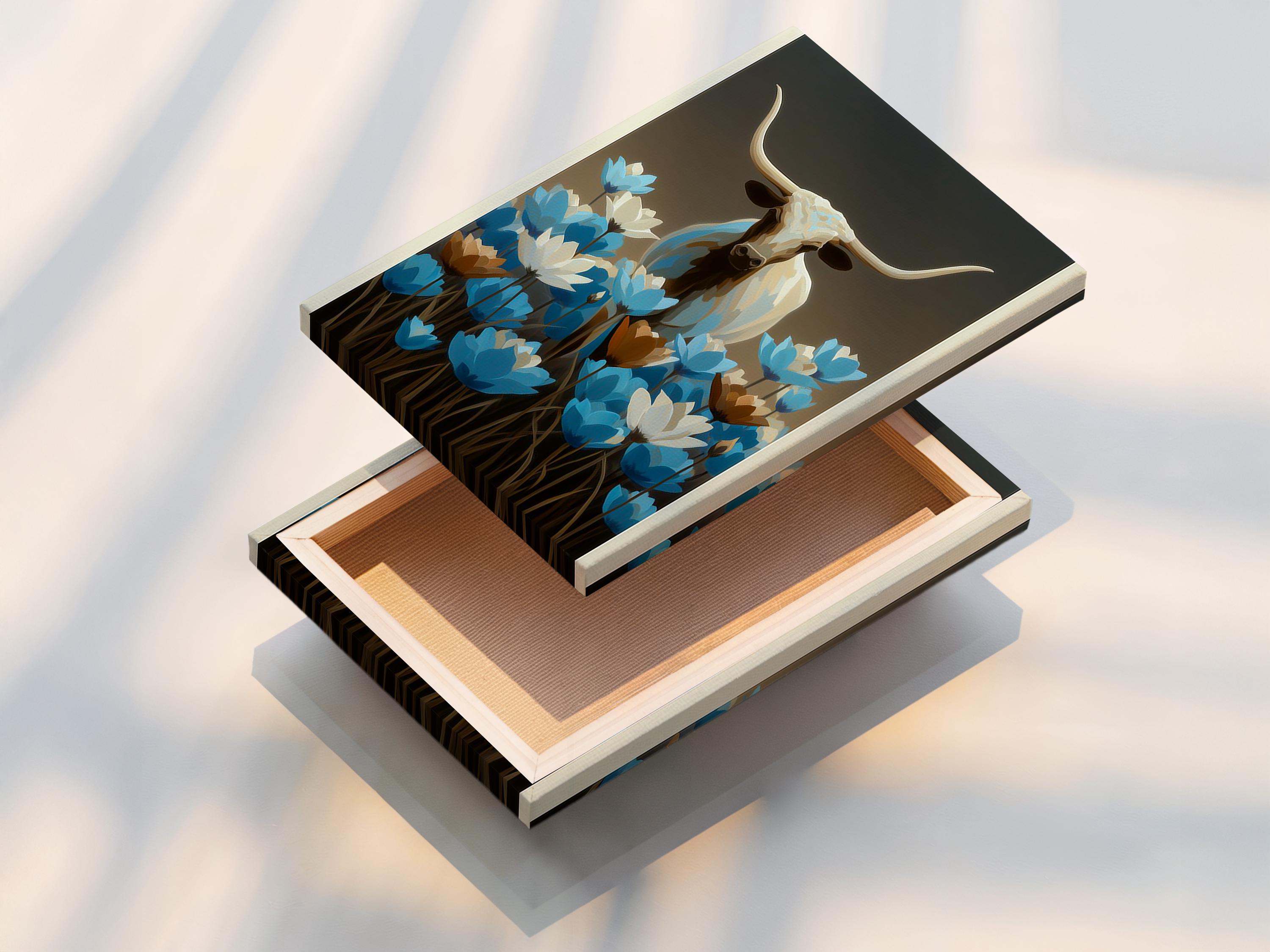 Longhorn bull artwork mockup on a wall with wildflowers and a framed design