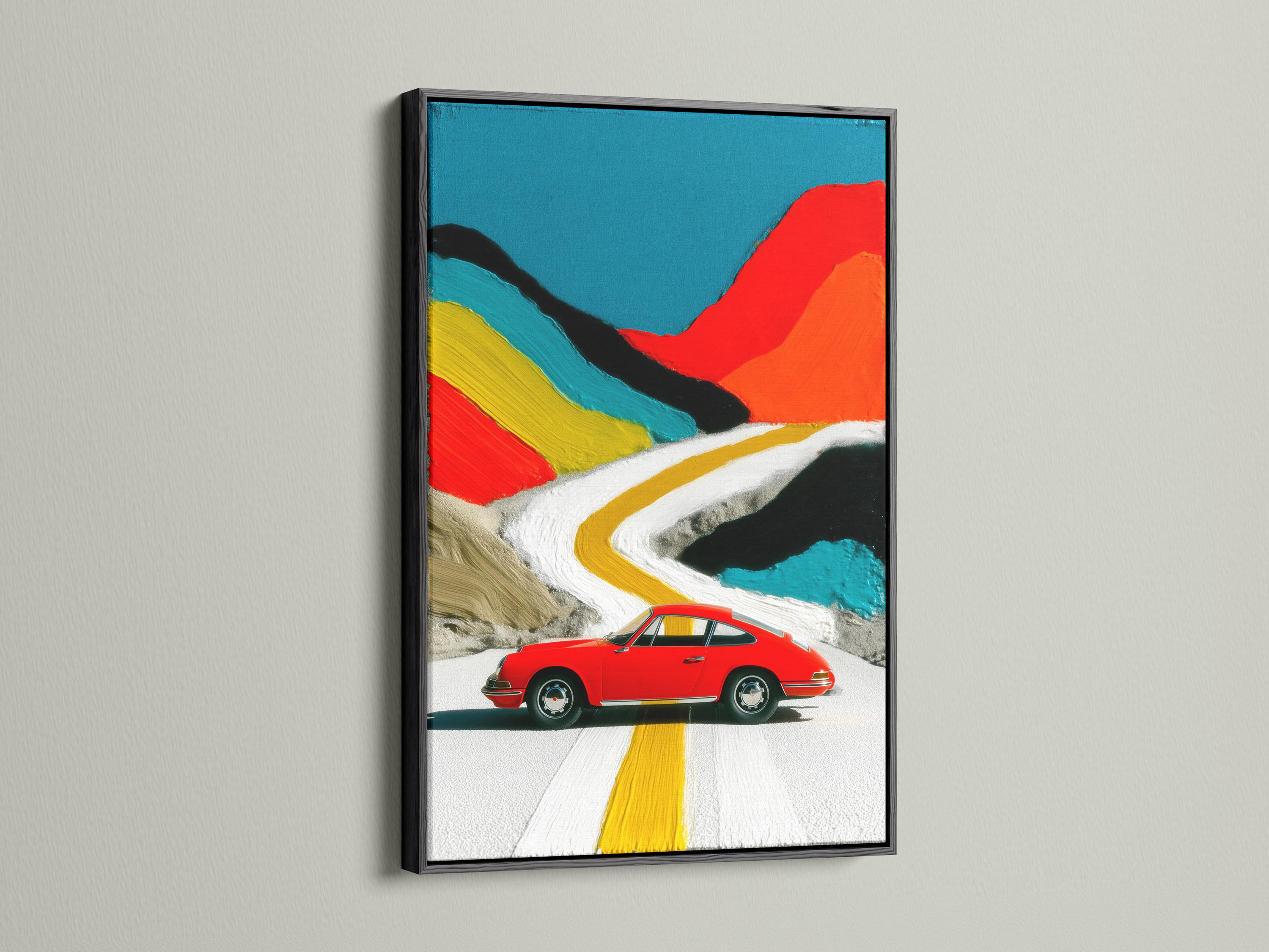 Red classic car on a winding white road with a yellow centre line and teal and red abstract backdrop detail view