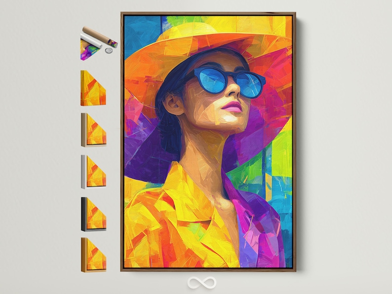 Stylised woman portrait with oversized blue sunglasses and a colourful geometric rainbow background