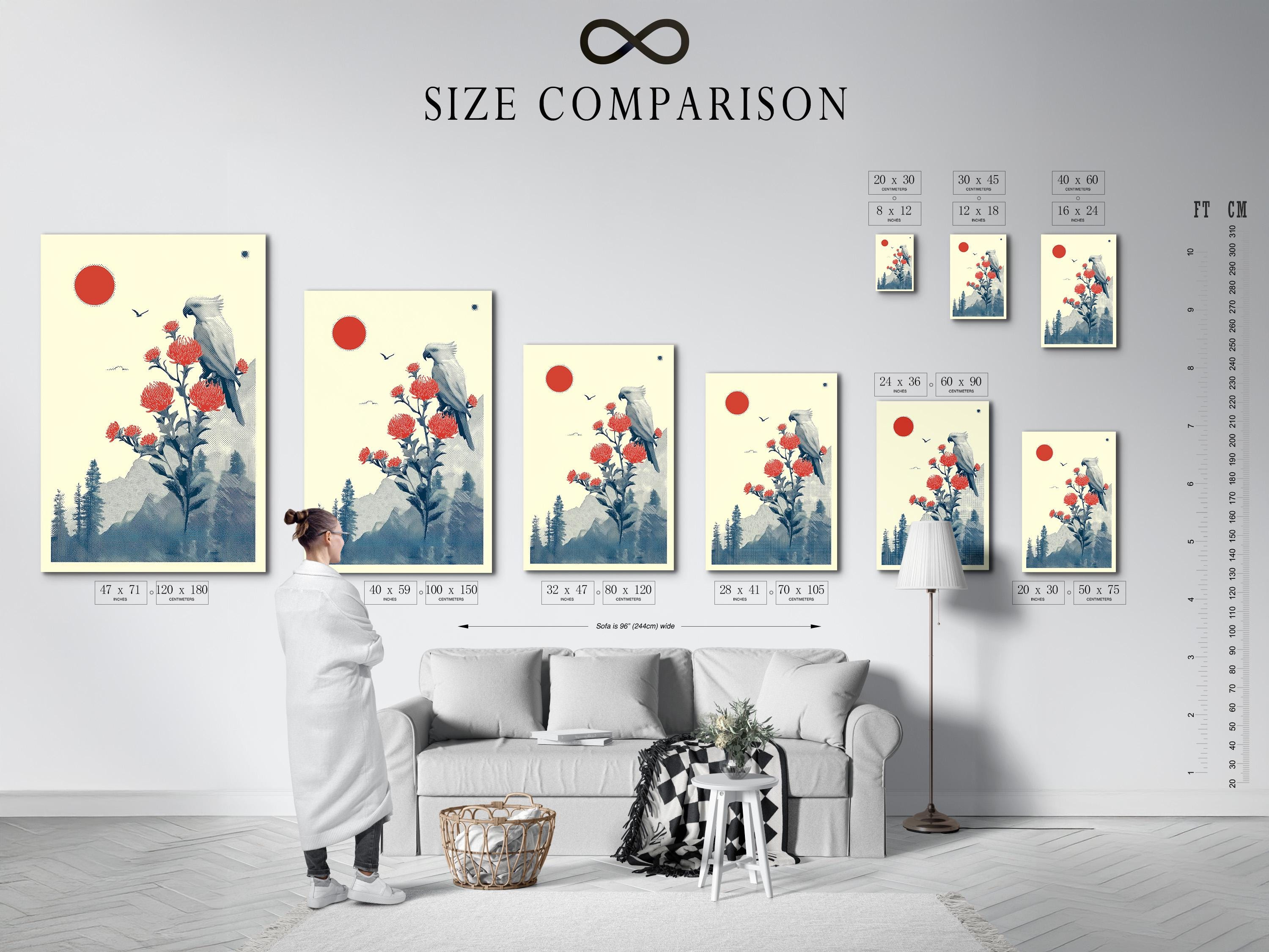 Blue bird perched on a flowering branch with red blossoms, red sun and blue landscape background detail view