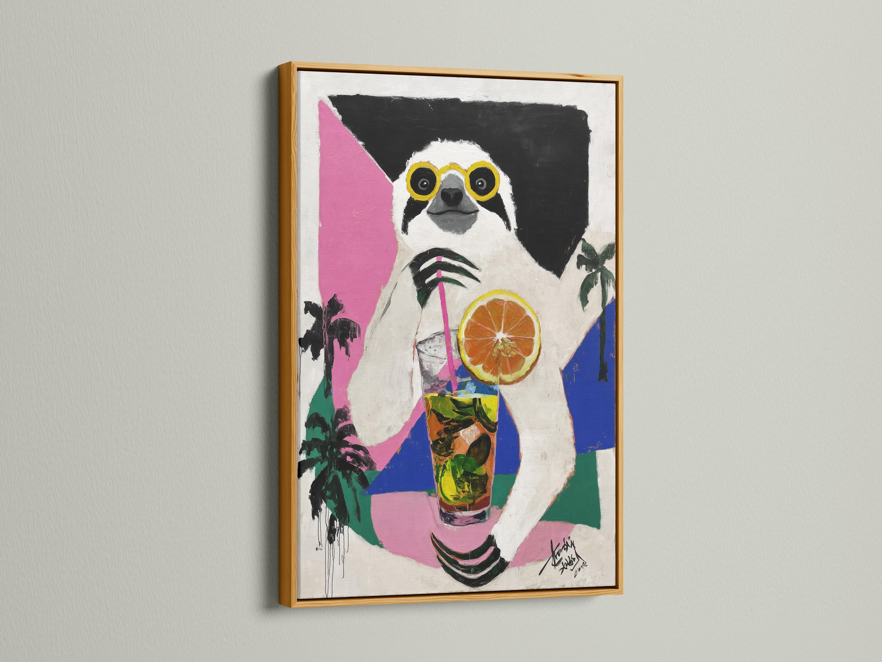 Sloth wearing yellow glasses holding a tropical drink with an orange slice against pink and blue blocks detail view