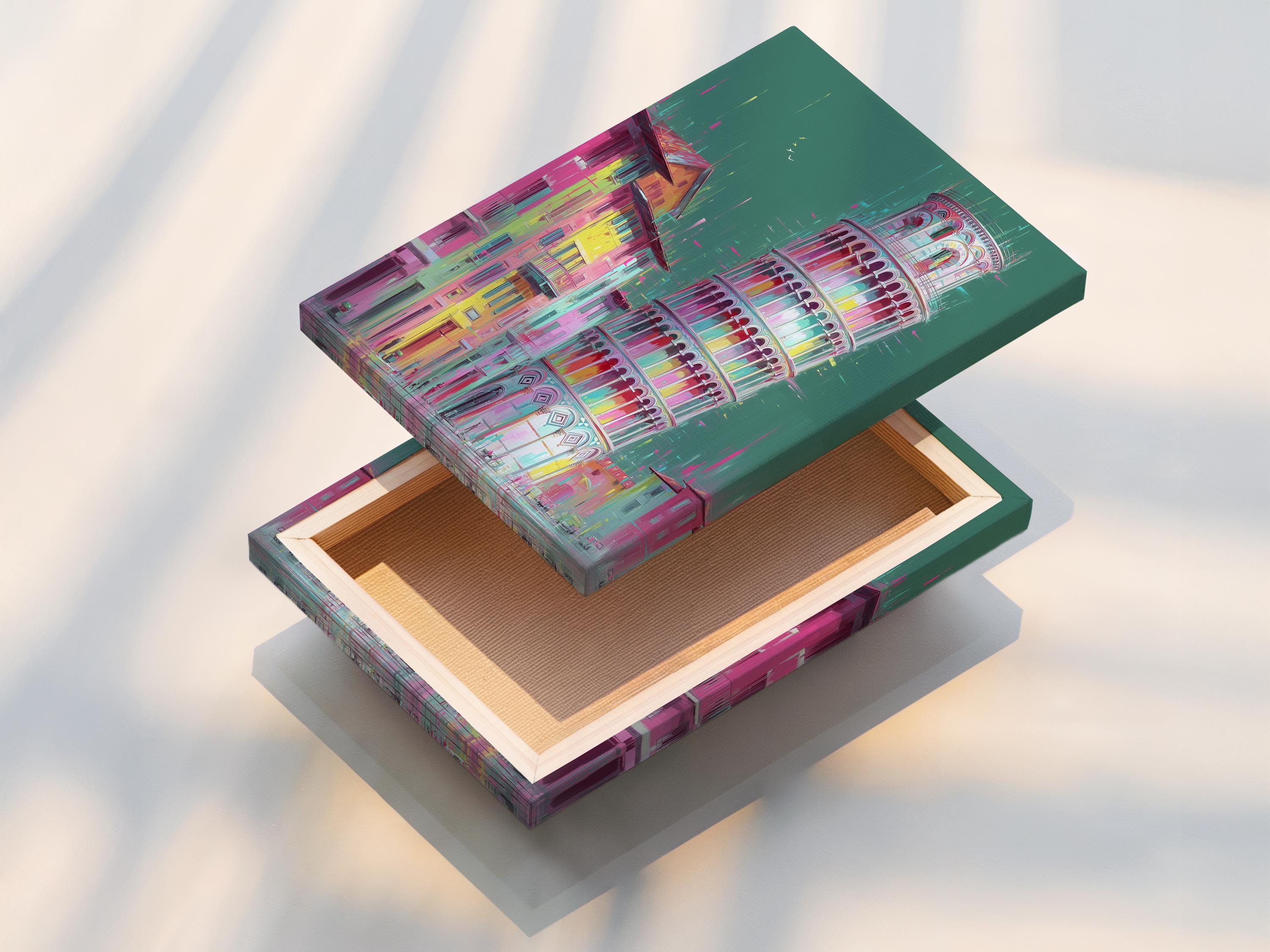 Stylised tall tower and city street in teal, pink, yellow and cyan detail view