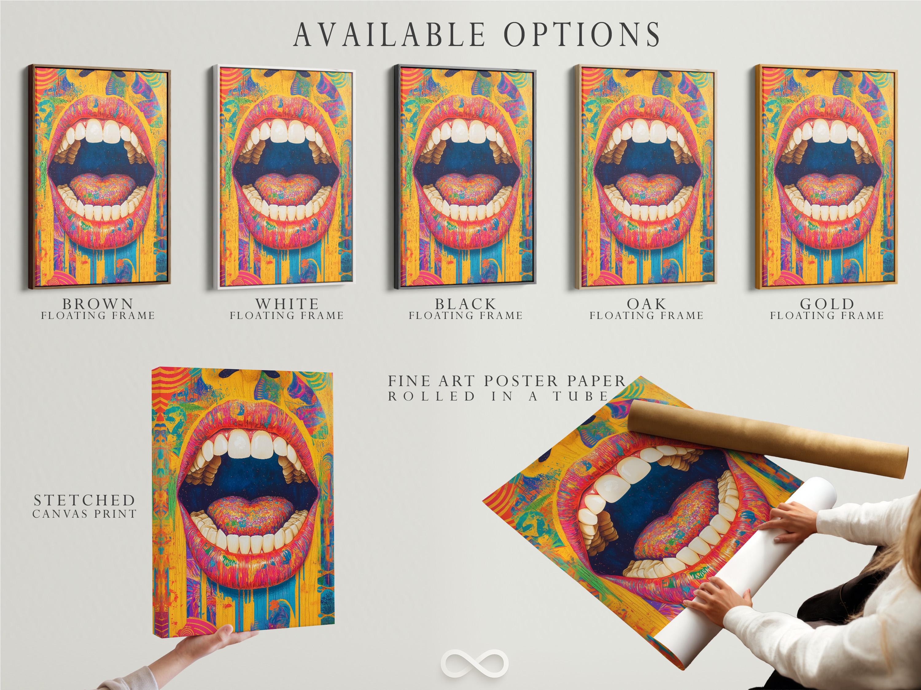 Surreal pop-art mouth with detailed teeth and a bright heart centre in vibrant colour blocks detail view