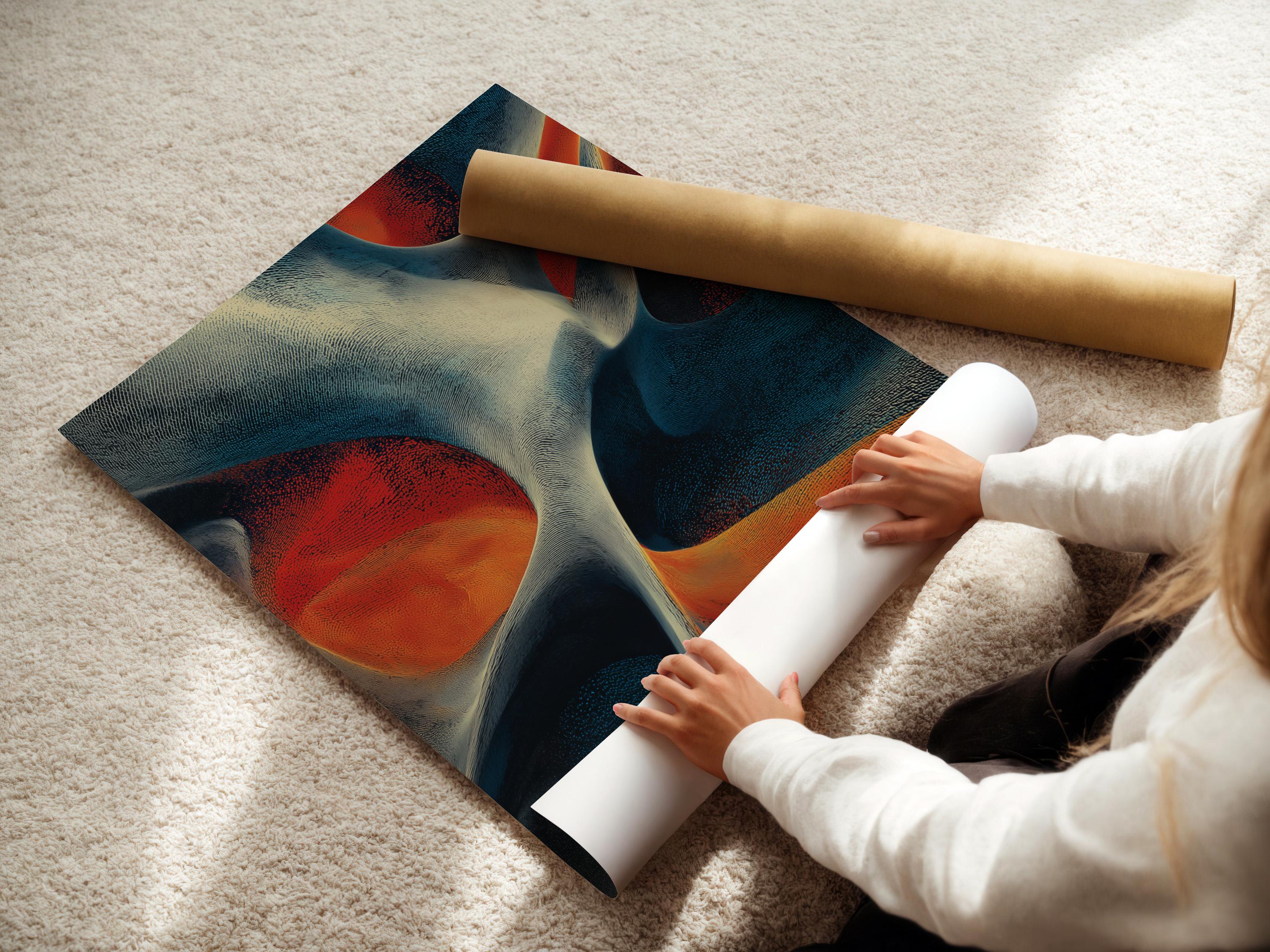 Abstract artwork with cream flowing curves and teal, navy, orange and red textured shapes detail view