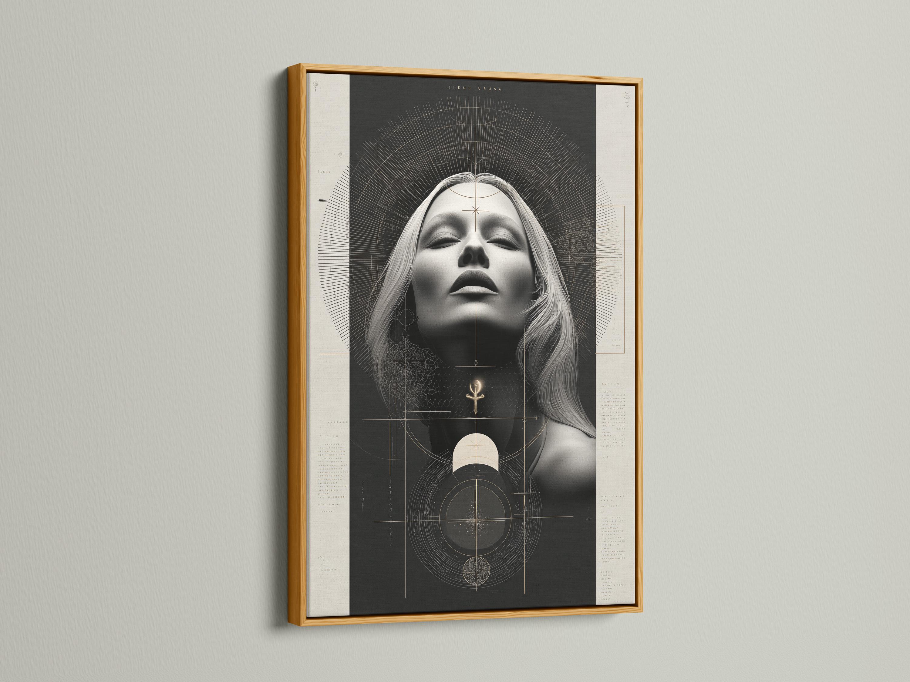Geometric woman portrait artwork with grayscale face, arcs and black and beige tones plus small gold symbols detail view