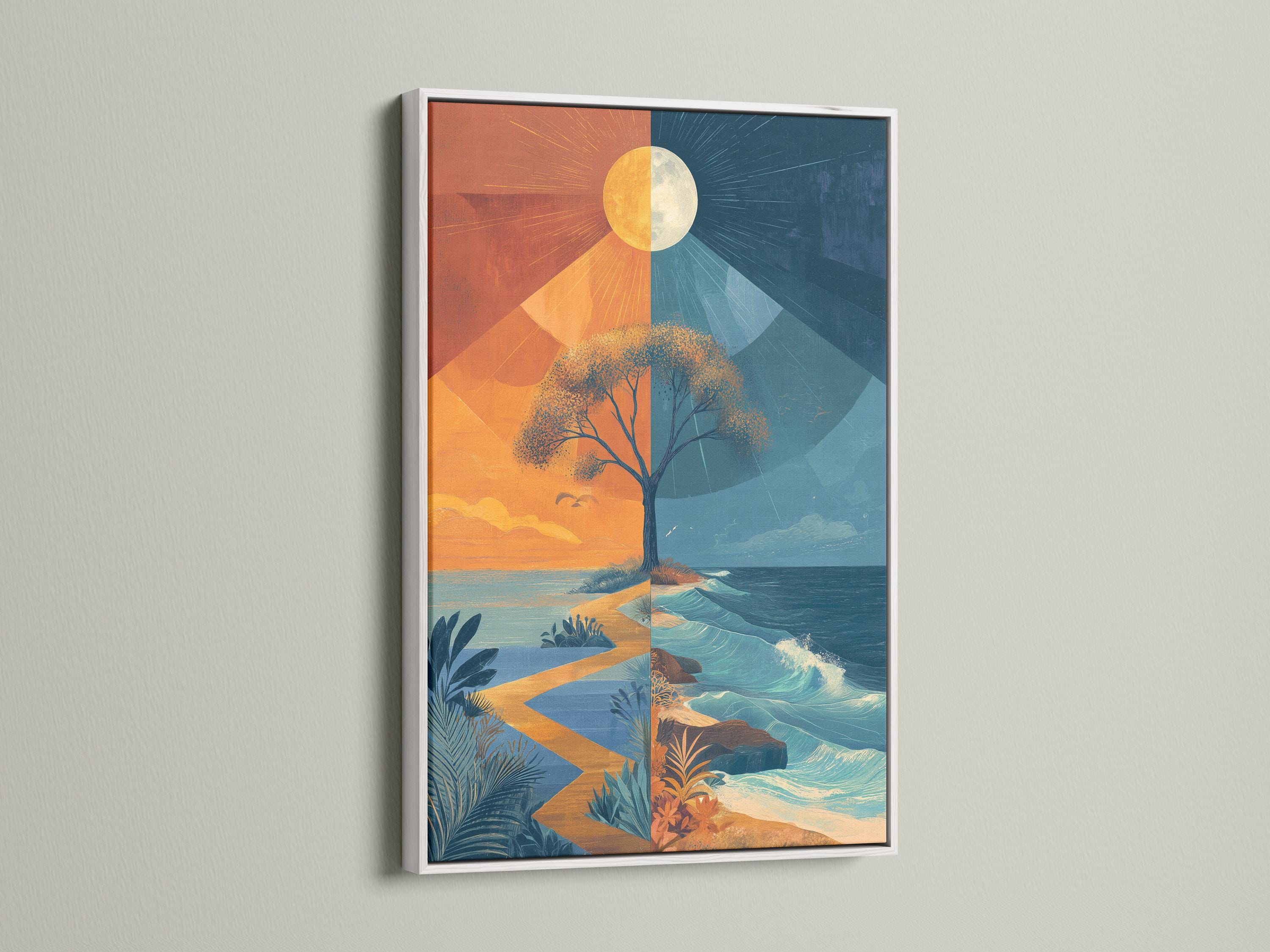 Stylised tree in a geometric split seascape with orange sky and blue ocean waves detail view