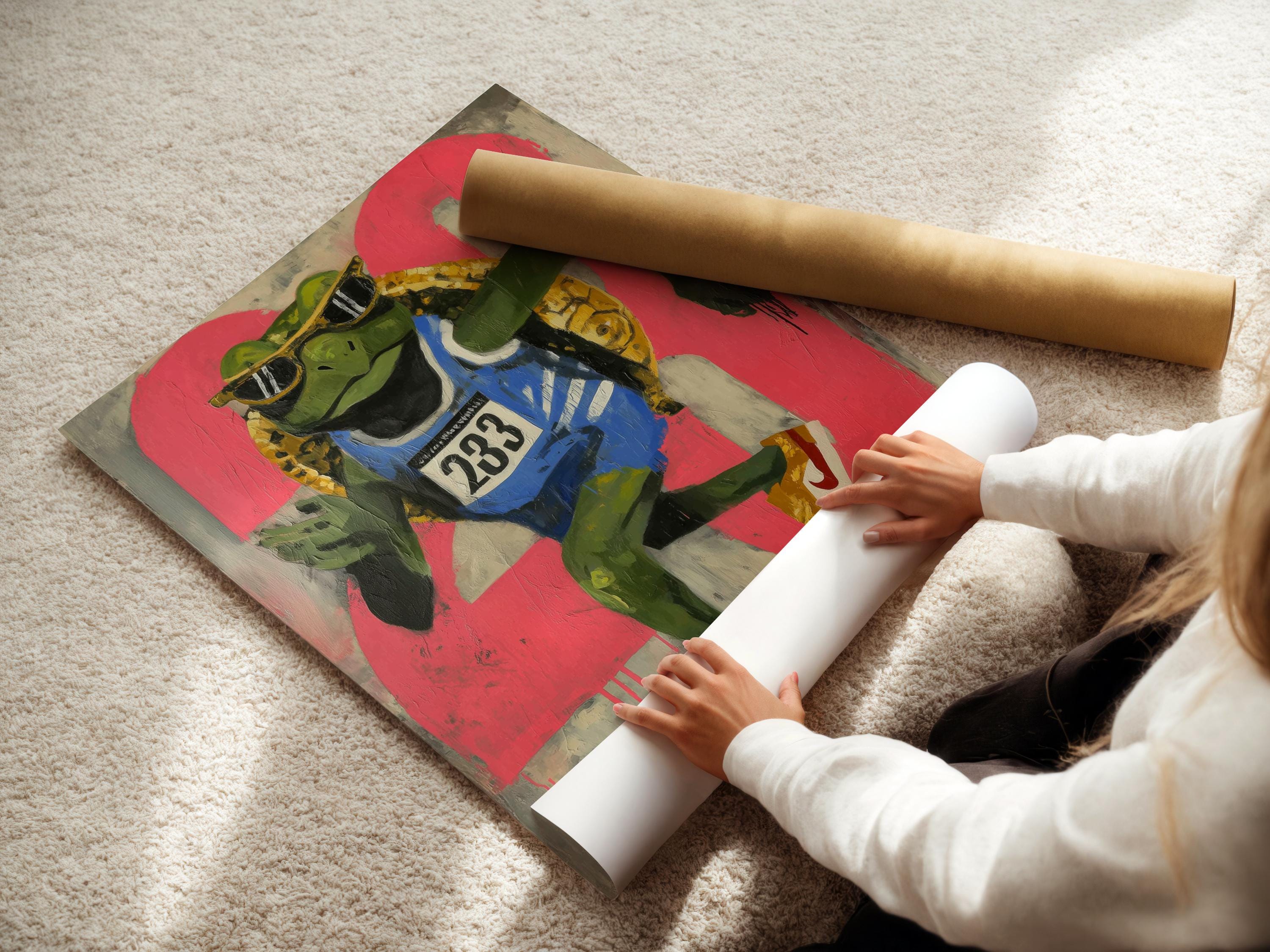 Hot pink graffiti-style runner turtle wearing black sunglasses and a “233” race bib detail view