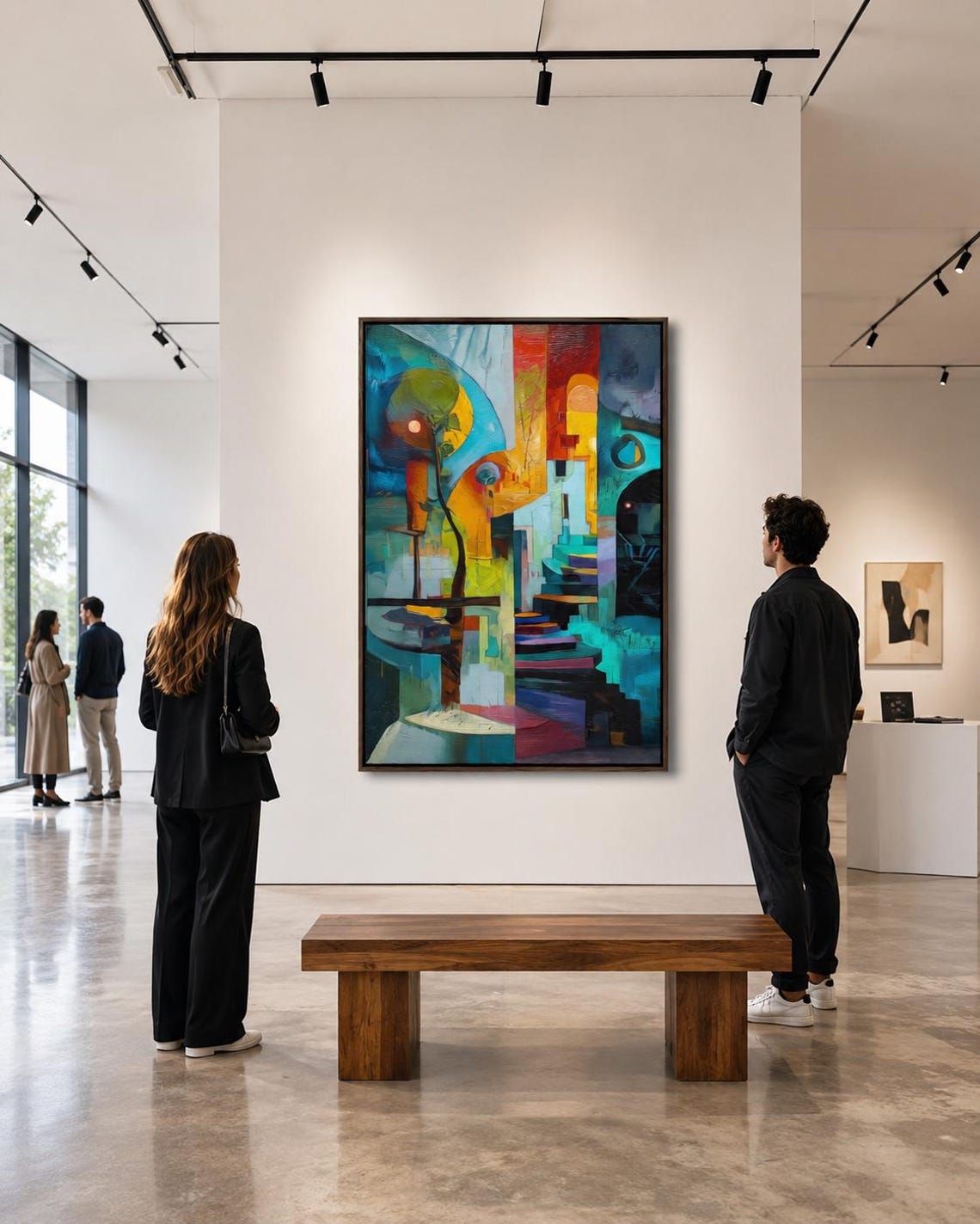 Person in yellow holding a cup standing beside a framed abstract geometric artwork