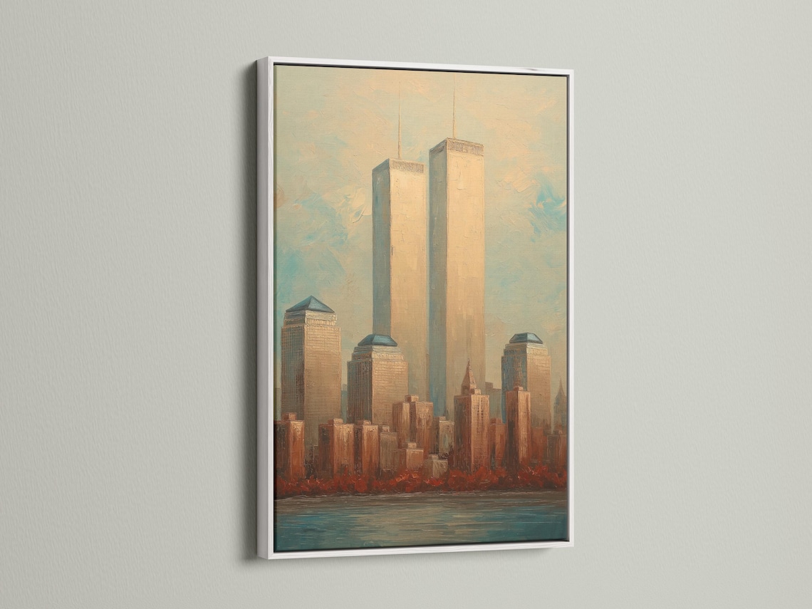 Stylised skyline with two twin towers, warm beige buildings and blue-green water foreground detail view