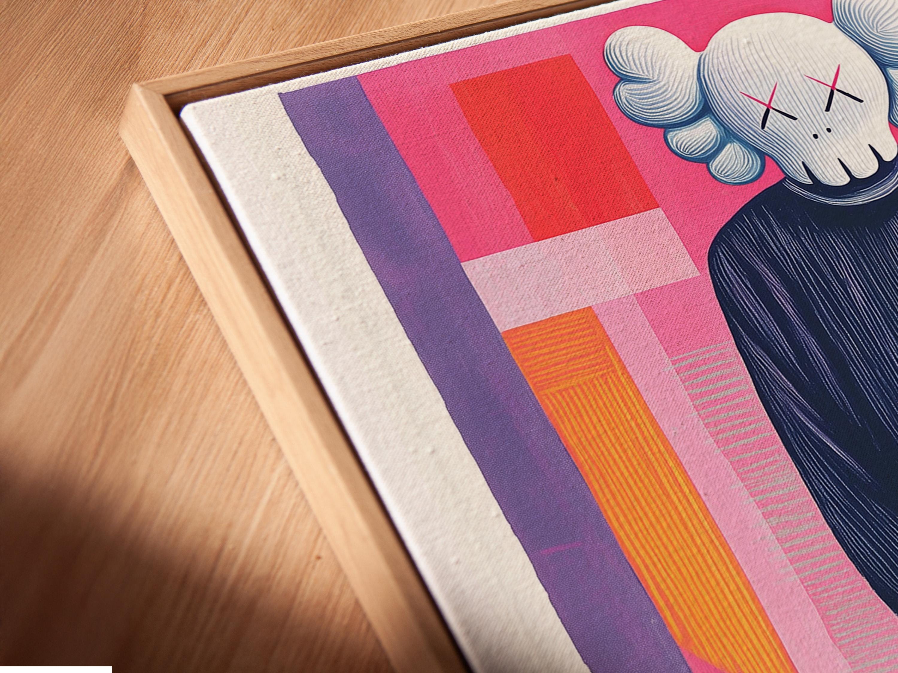Room mockup showing a framed artwork with a pop-art figure and pink and purple geometric background