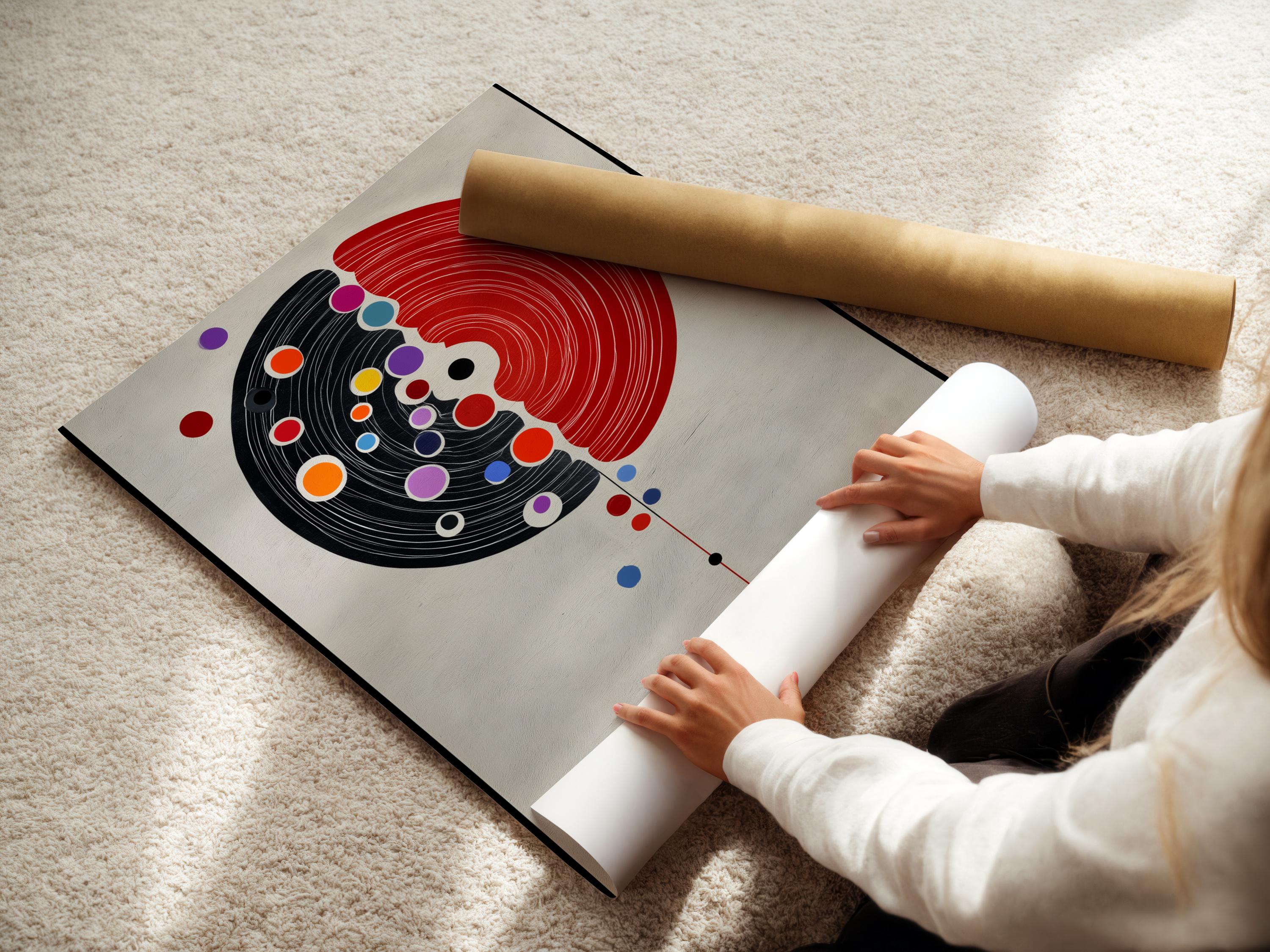 Abstract split circle design with red and black concentric arcs and colourful dot accents detail view