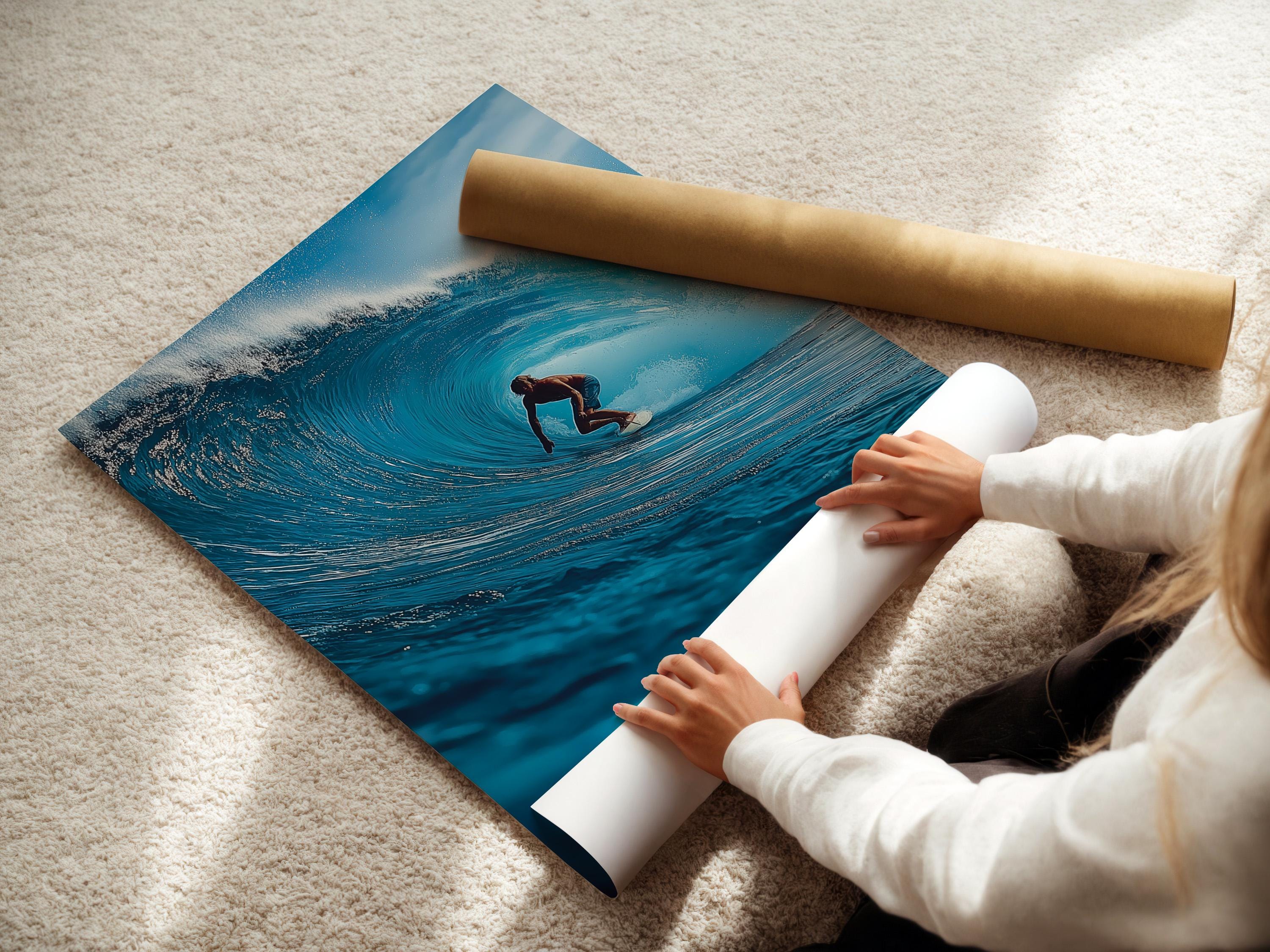 A blue ocean wave artwork shows a surfer riding through white foam, with bright sky-toned highlights and swirling water texture detail view