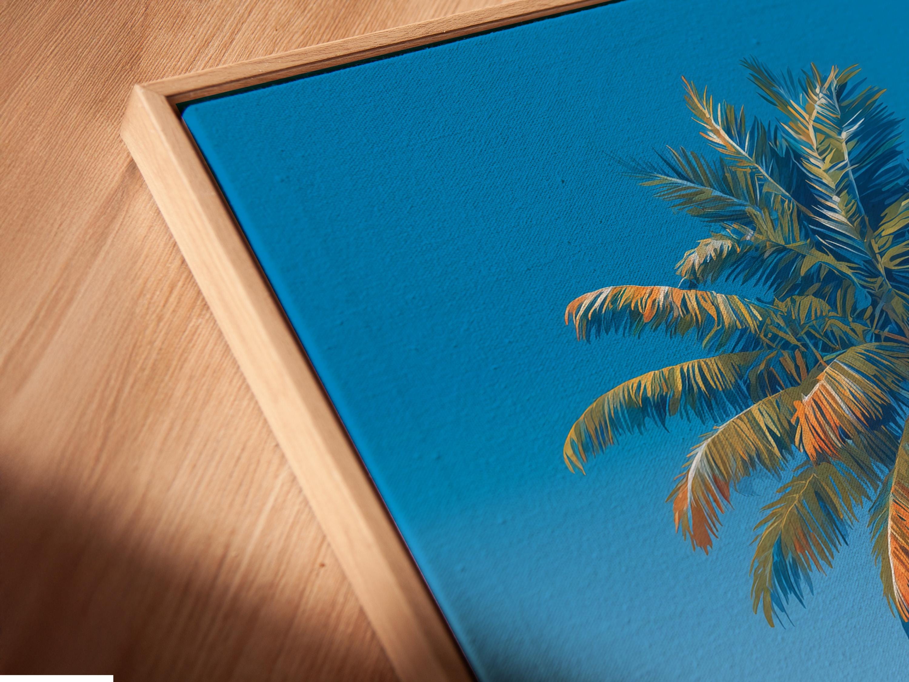 Tropical beach scene with a palm tree, turquoise ocean waves, and a blue sky detail view
