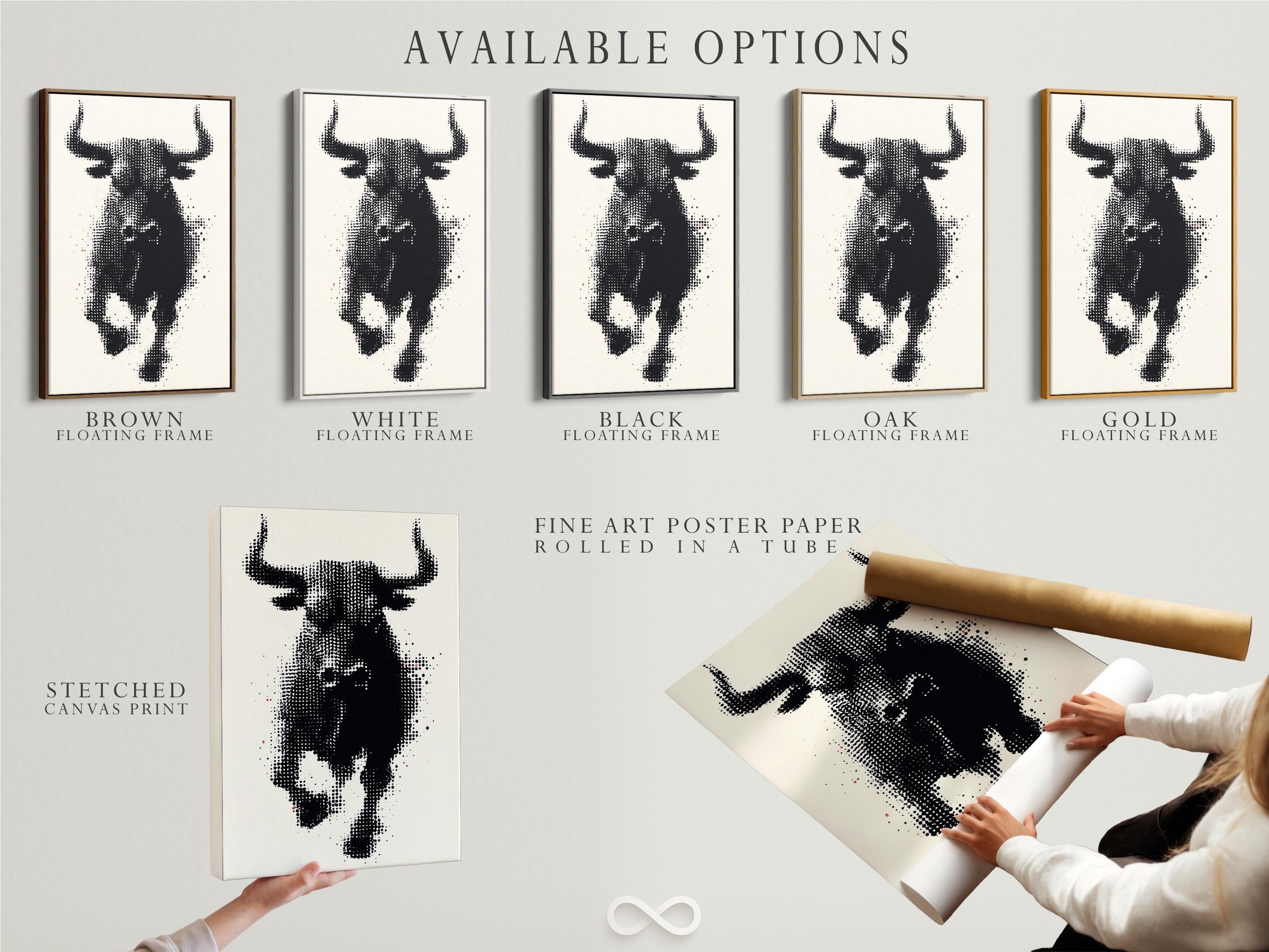 Black and white halftone bull head artwork with horns detail view