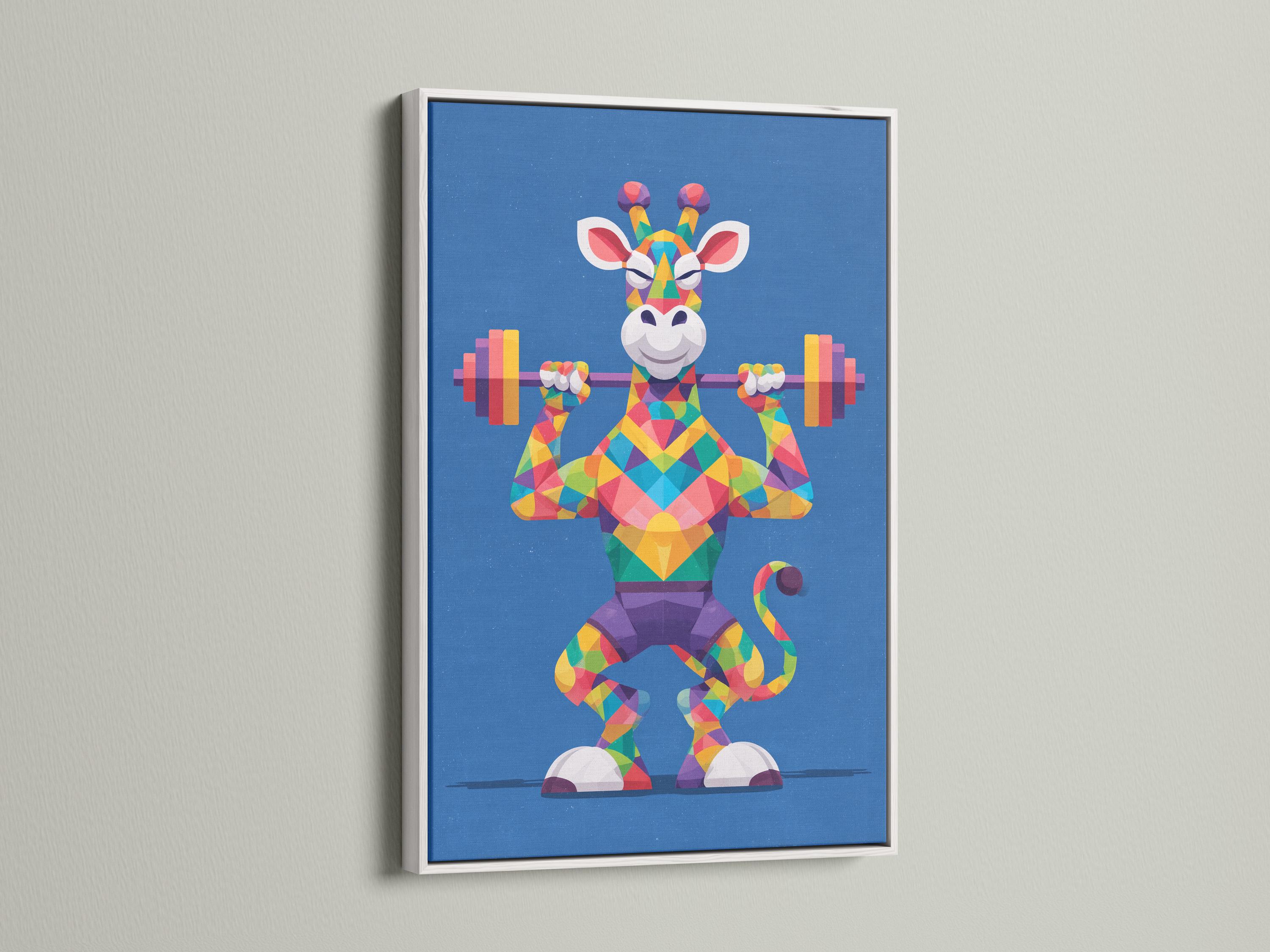 Geometric giraffe lifting dumbbells in bright multicolour polygons on a blue background detail view
