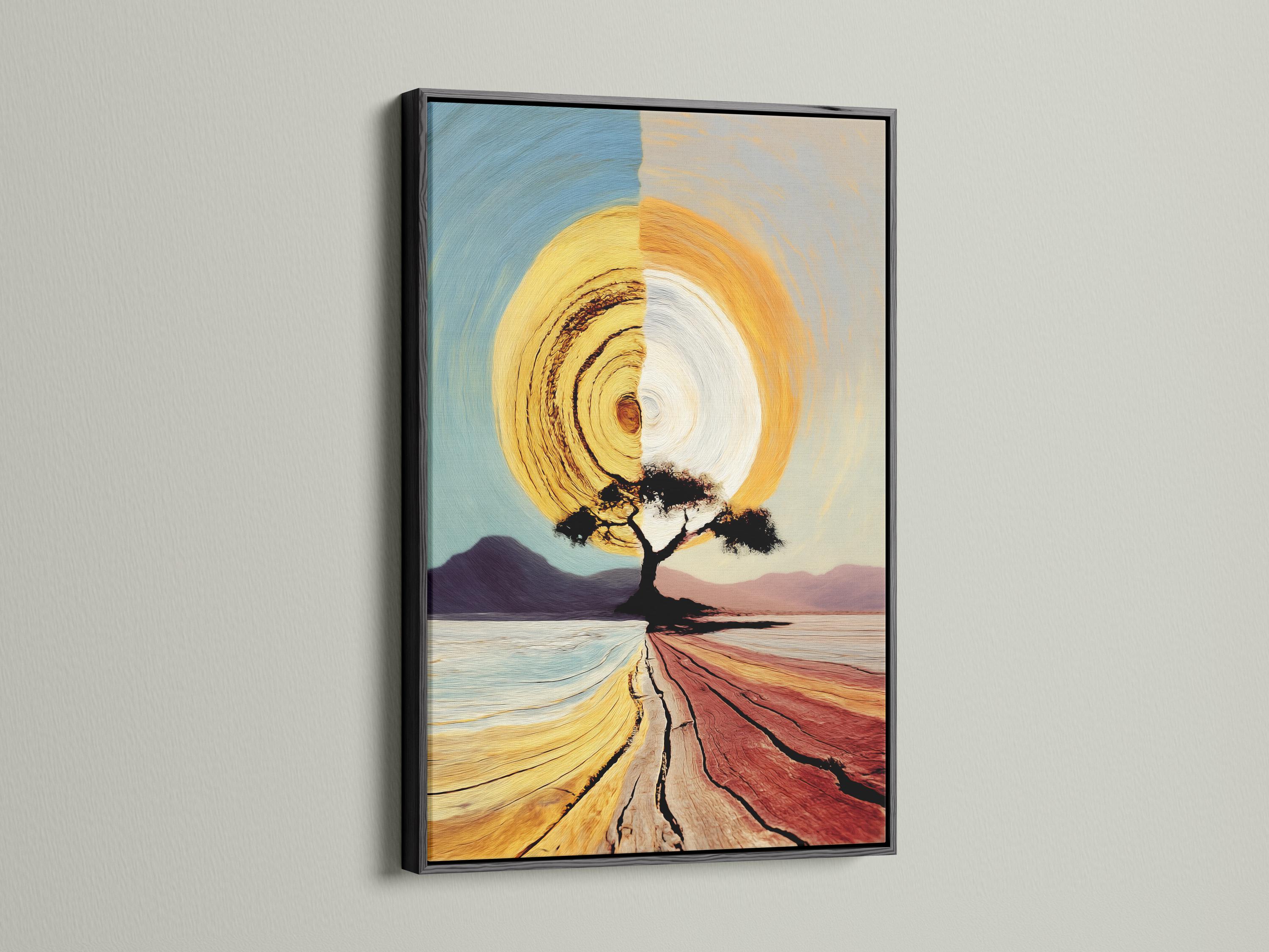 Abstract landscape with a golden sun, dark tree silhouette and curved red path bands detail view