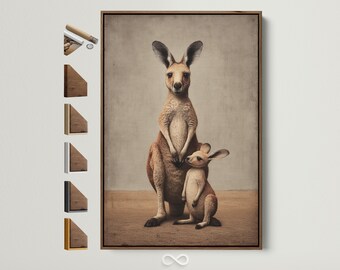 Beige Kangaroo Canvas Art - Mother and Baby Animal Print, Earth Tones Nursery Wall Decor, Minimalist Australian Wildlife Artwork Print