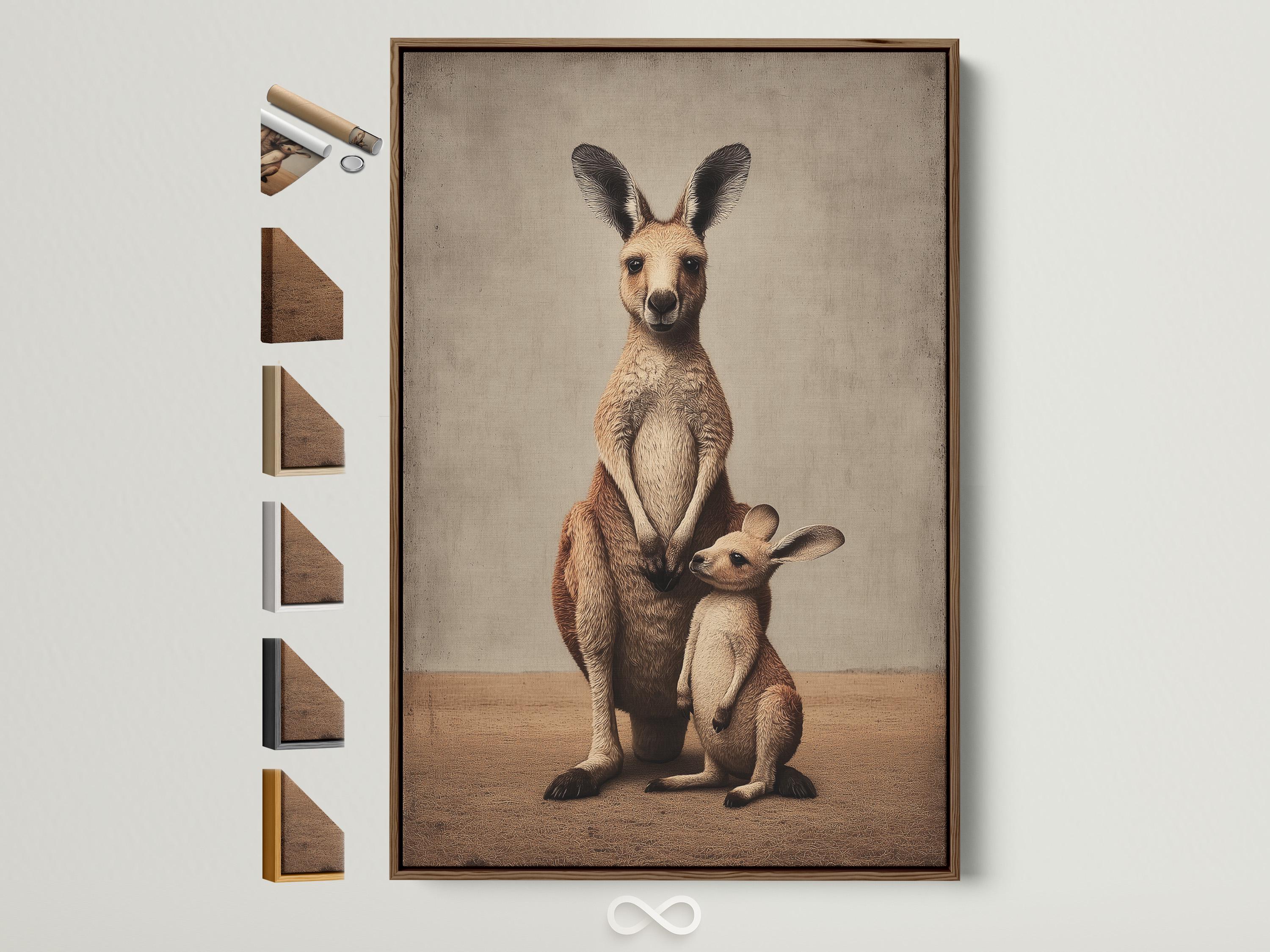 Beige mother kangaroo with her joey in a warm neutral animal illustration