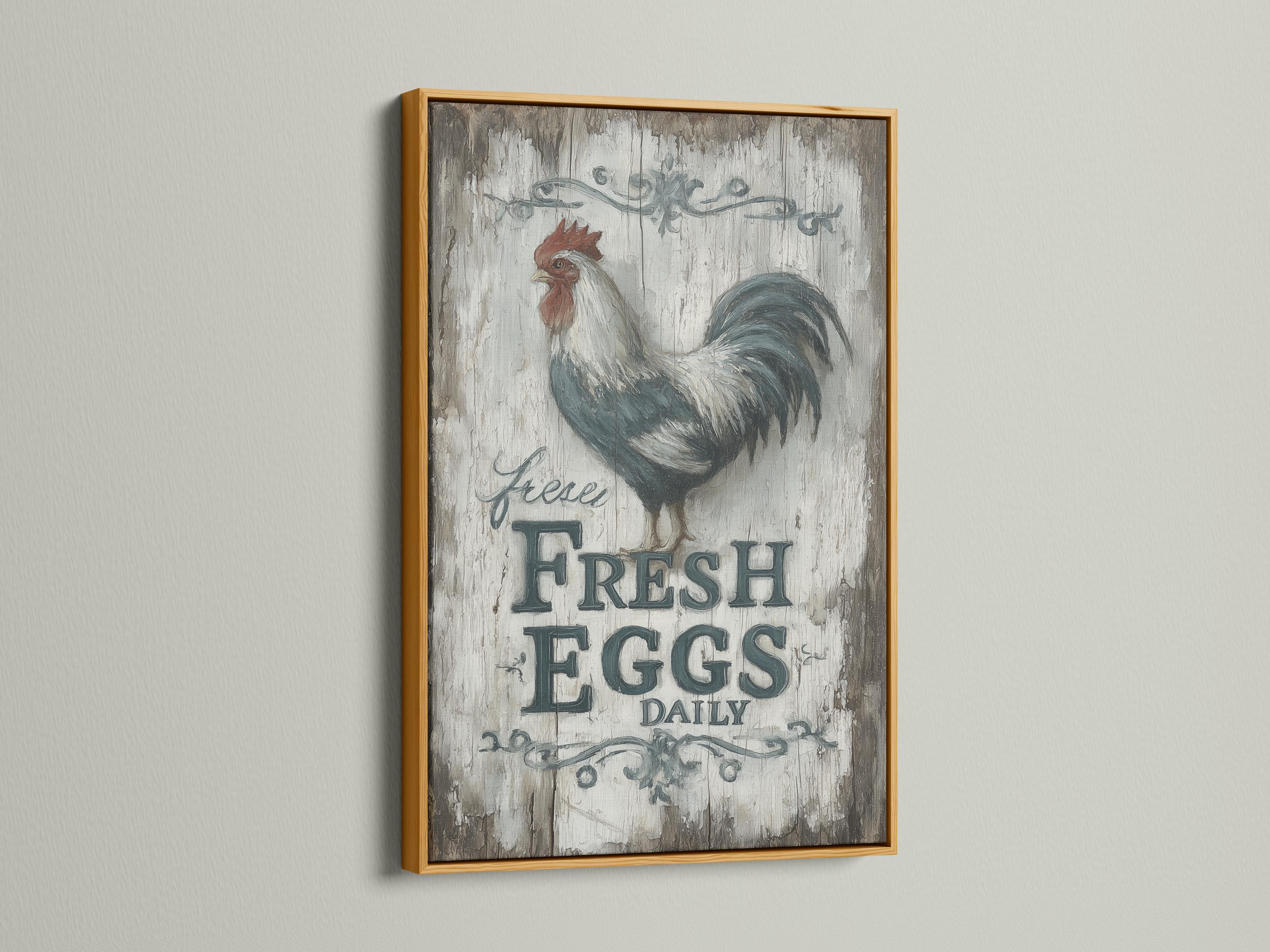 Rooster illustration above distressed text reading “FRESH EGGS DAILY” on a cracked grey background detail view