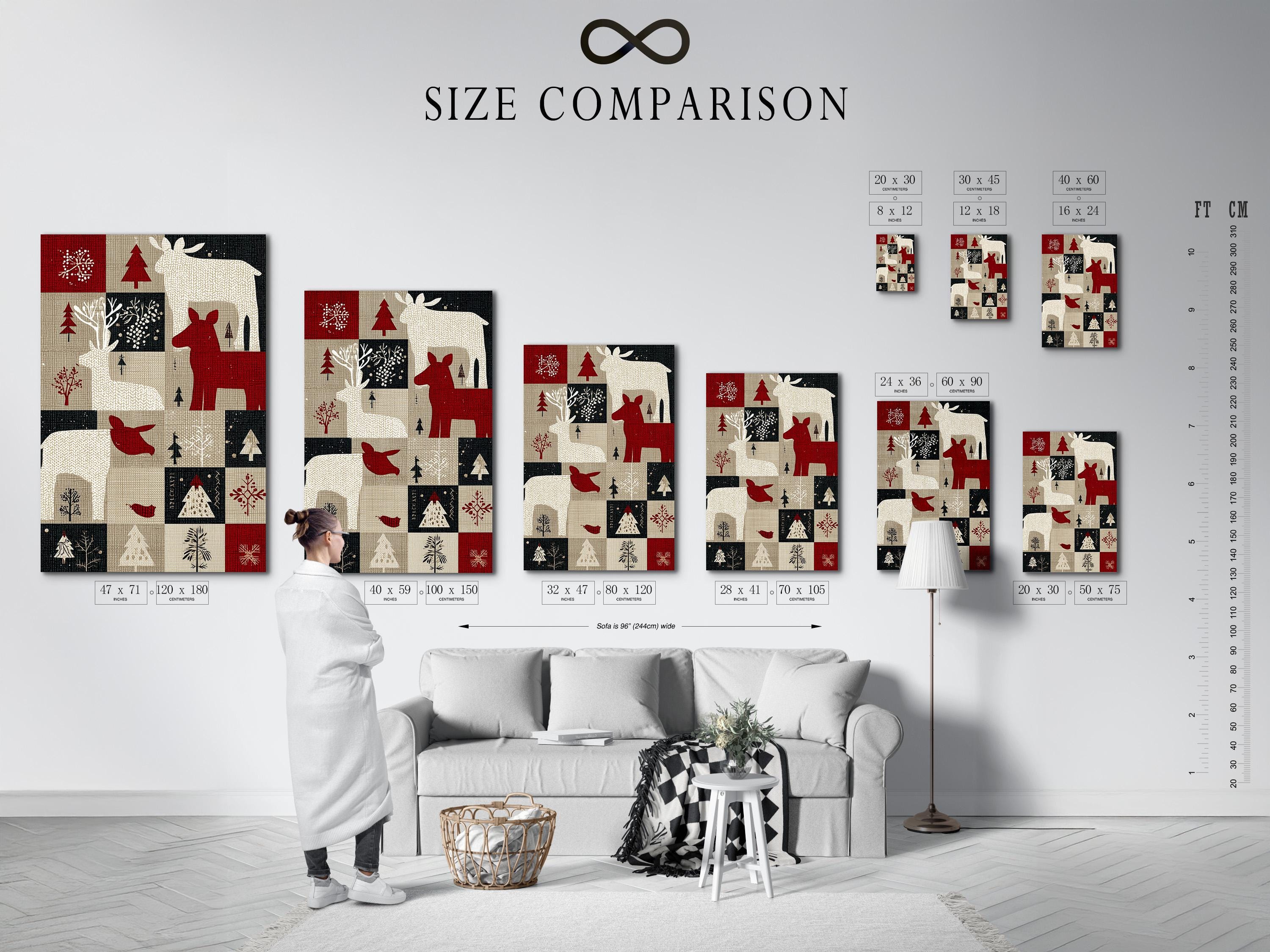 Deep red deer silhouette in a patchwork winter design with trees and snowflake motifs detail view