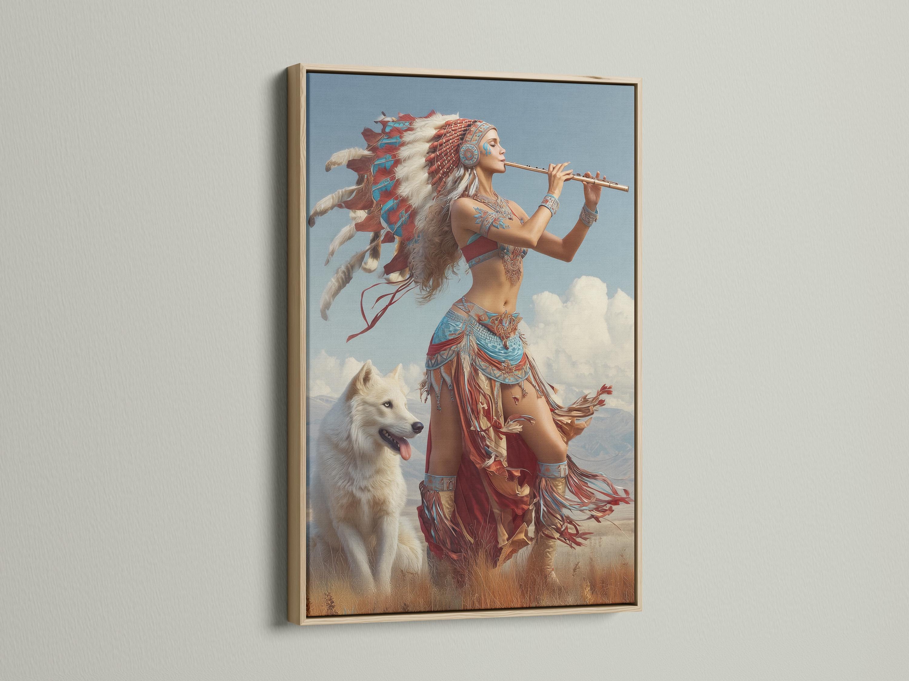 A flute-playing woman with a feather headdress beside a white wolf against a blue sky with clouds detail view