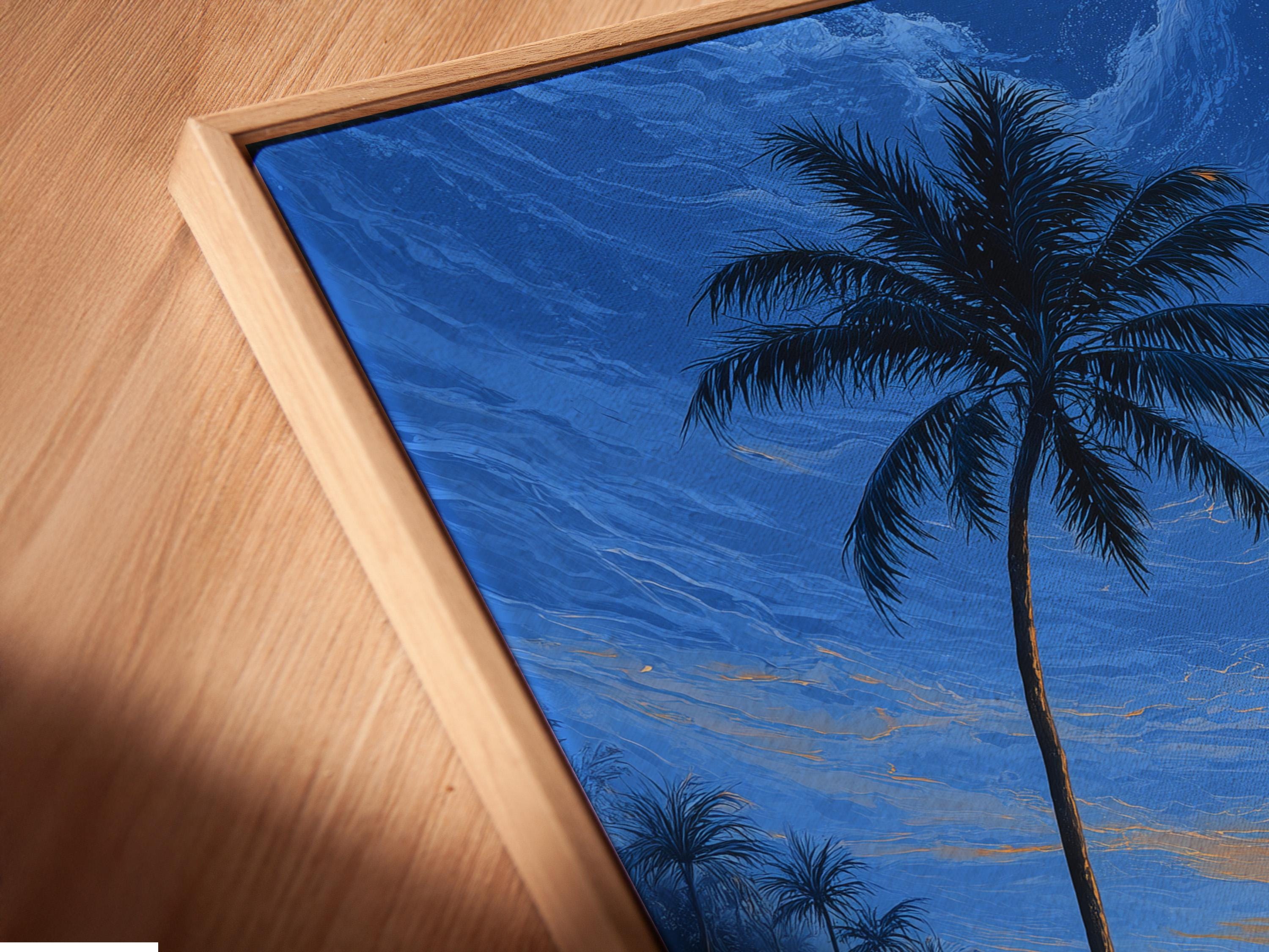 Palm tree tropical beach scene with ocean waves and a glowing sunset sky detail view