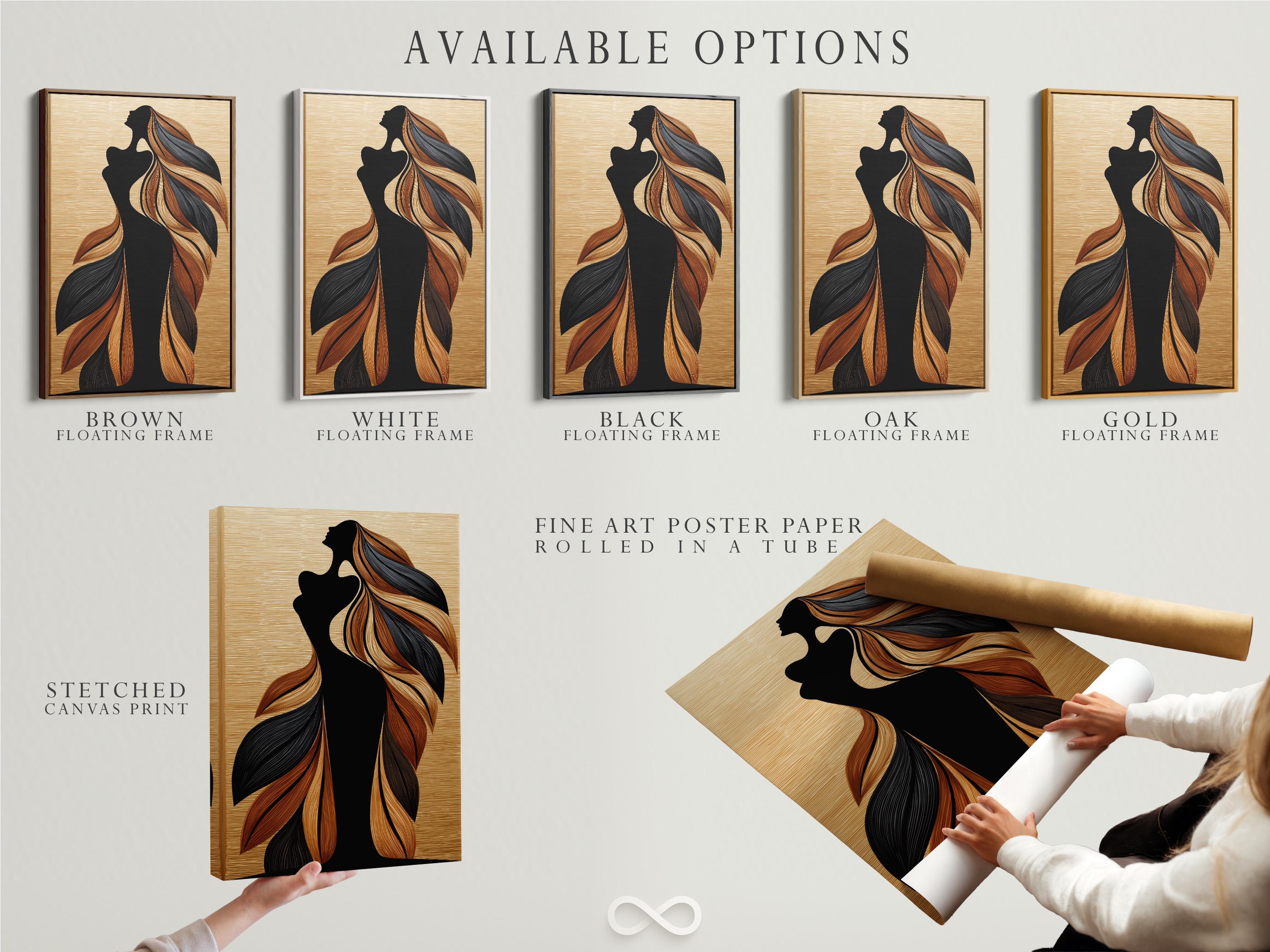 Black woman silhouette in profile with flowing feather-like hair in tan and rust tones on a beige striped background detail view