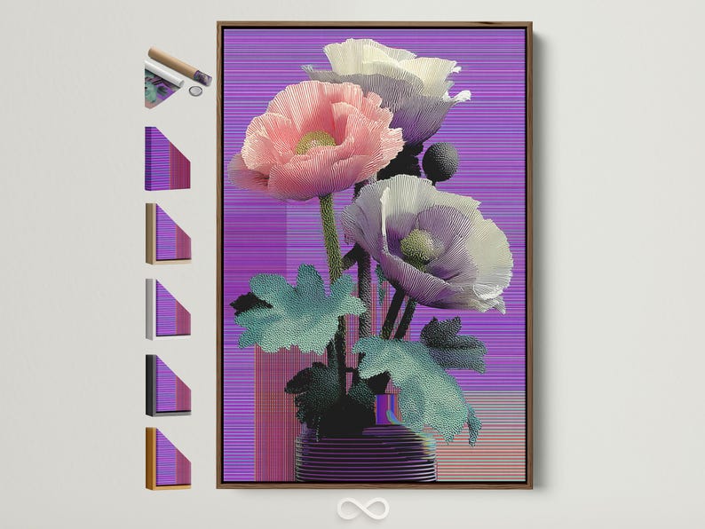 Retro glitch poppy flowers in pink, purple and teal with a striped vase and horizontal purple lines
