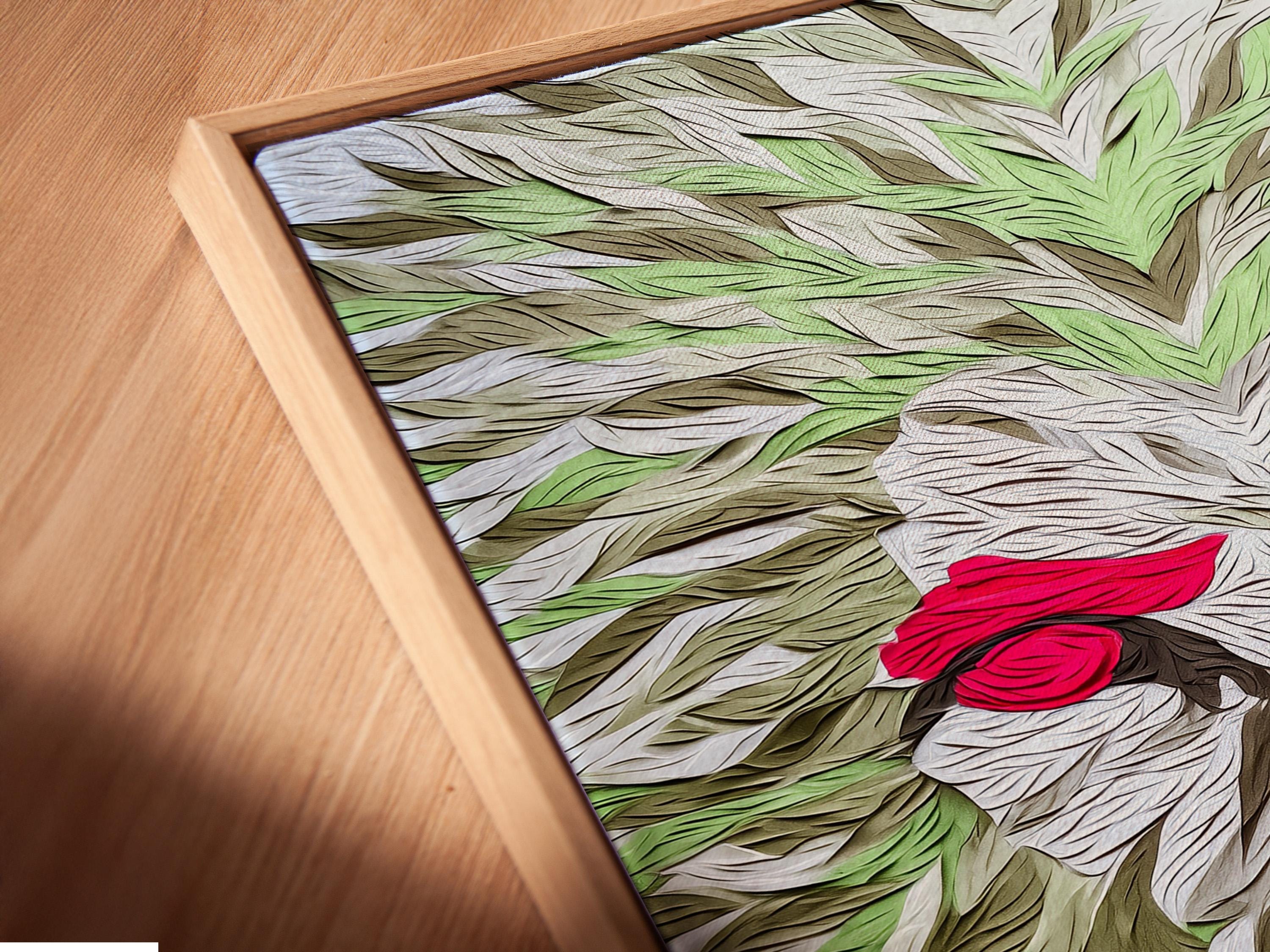 Room mockup showing a large lion artwork with green leaf pattern and red eyes above a bed