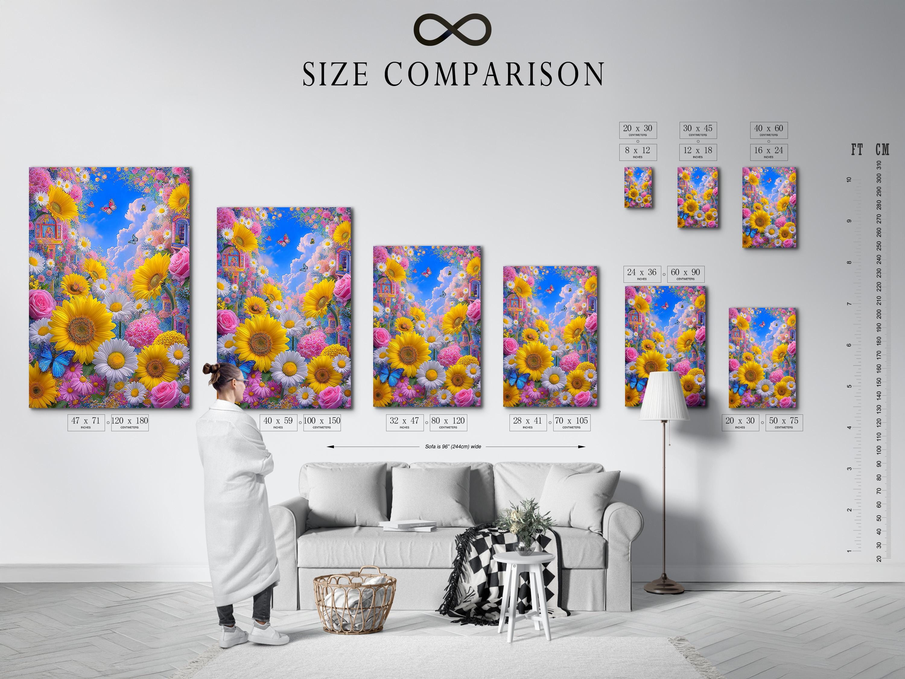 Floral garden scene with sunflowers, daisies, pink roses, blue butterflies and a blue clouded sky detail view
