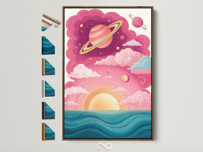 Whimsical ringed planet over swirling pink clouds with rainbow and teal ocean waves