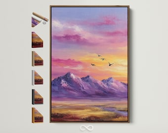 Mountain Sunset Canvas Print - Purple Pink Sky Wall Art, Colorful Landscape Artwork for Bedroom Decor