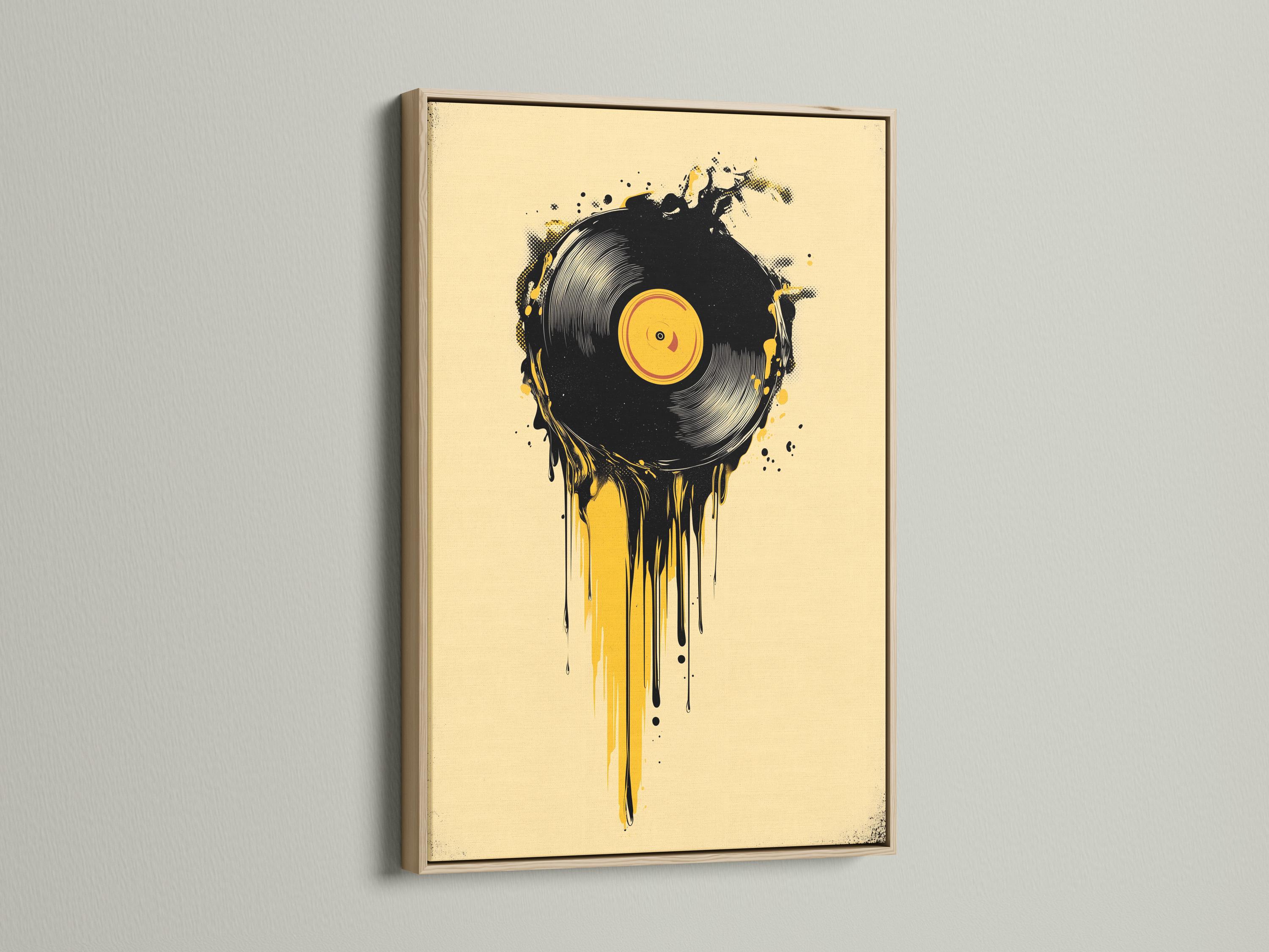 Room mockup showing a framed black and yellow vinyl record illustration with drip and splatter details